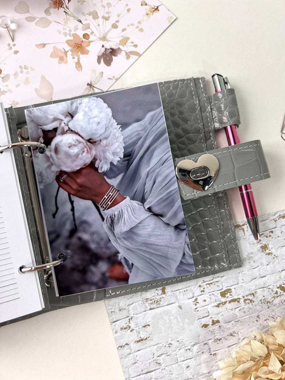 Grey leather notebook cover A7 6 rings mini wallet, dated 2026 planner.