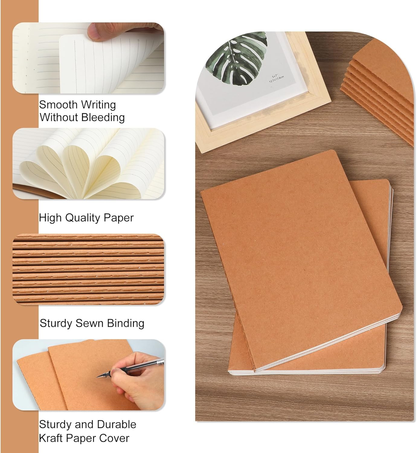 4 Pack A5 Kraft Paper Notebook Lined Journal Bulk, 8.3 X 5.5 Inch, 60 Pages/30 S