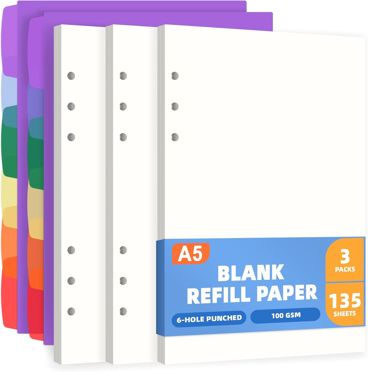 A5 Blank Refill Paper 6-Hole Planner Inserts for A5 6-Ring Binders, 135 Sheets P