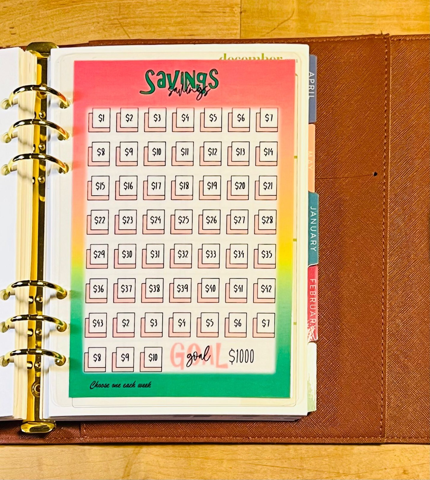 52 Week $1000 Savings Tracker Insert 4 use with ErinCondren A5 Ring Agenda~