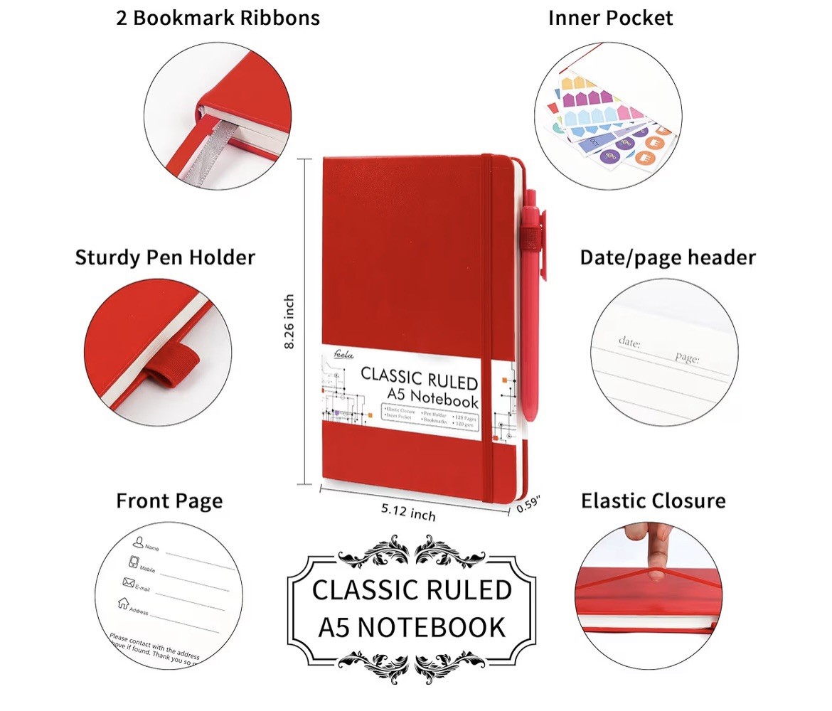 Feela Classic Ruled A5 Notebook with Pens 5 Pack Notebook Set Red