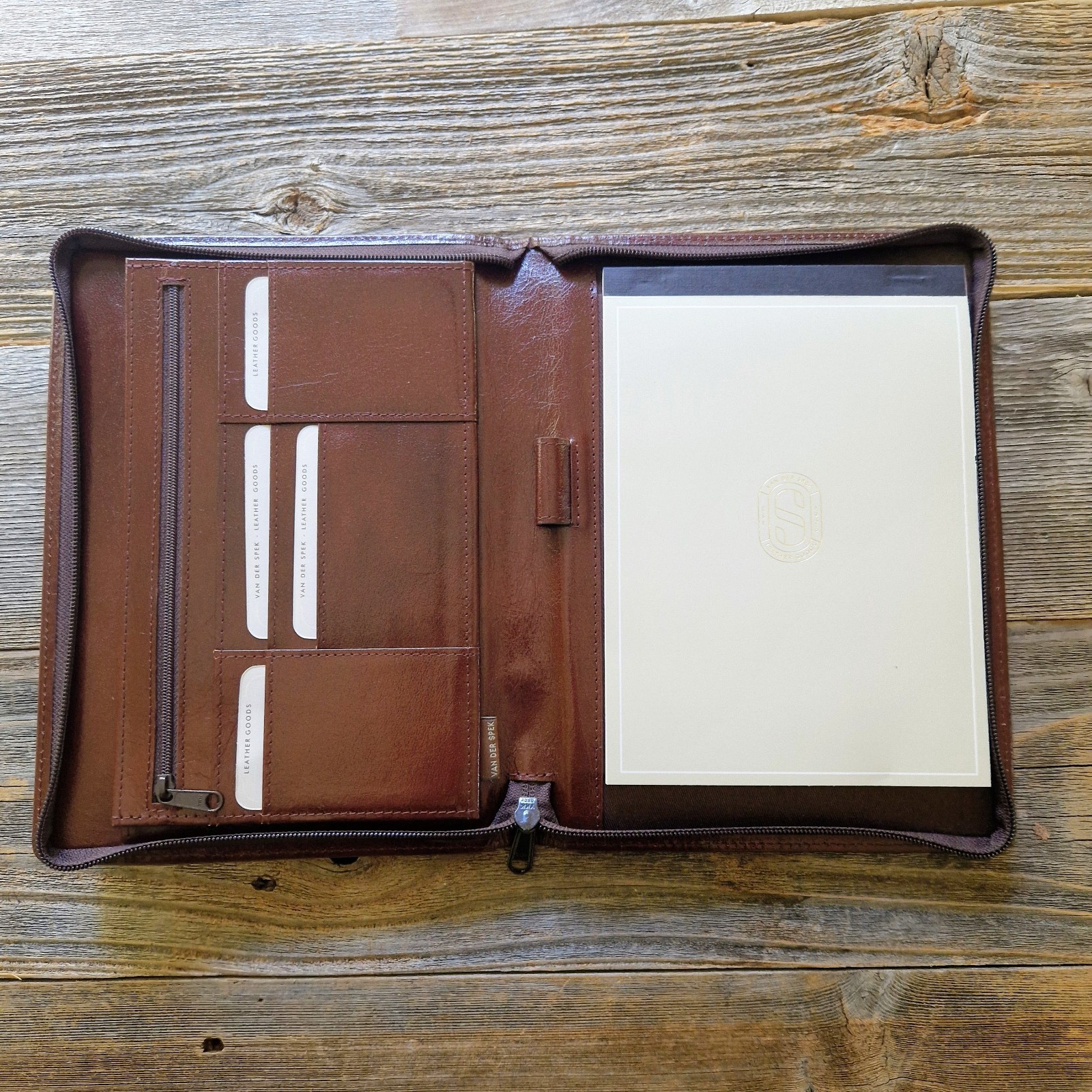 Van der Spek Luigi Raphael A5 Zip Chestnut Leather Writing Case w/ Notepad
