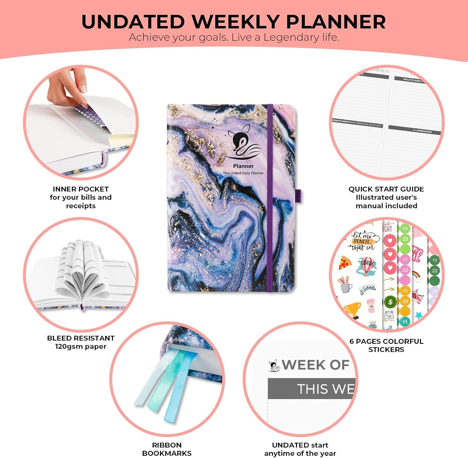 Undated Weekly and Monthly Planner, Stickers, Ribbon Bookmarks, Purple Marble