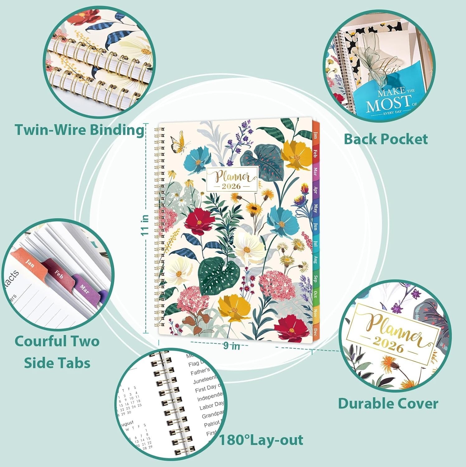 2026 Weekly & Monthly Planner 9×11 Jan–Dec Twin Wire Binding with Tabs