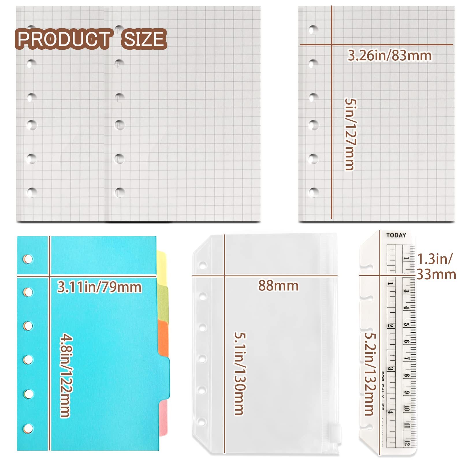 A7 6-Hole Binder Notebook Refill Set 135 Sheets Zipper Pockets Dividers