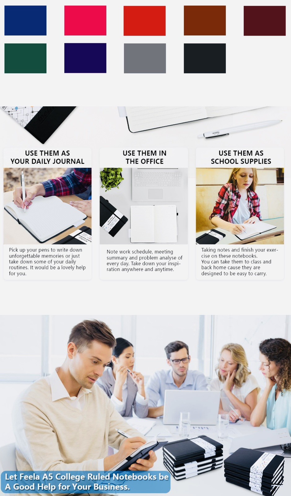Feela Classic Ruled A5 Notebook with Pens 5 Pack Notebook Set Red