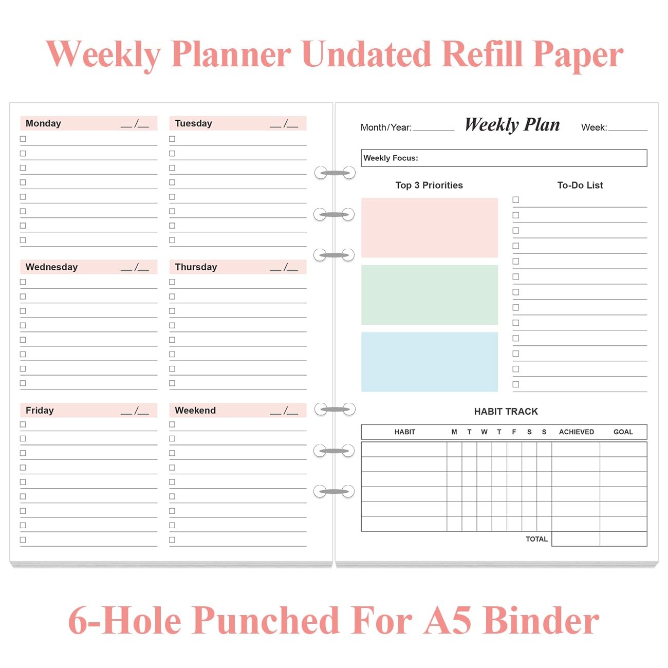 Weekly Planner Refills for A5 Binders – 53 Sheets/106 Pages 1-Pack, Colorful