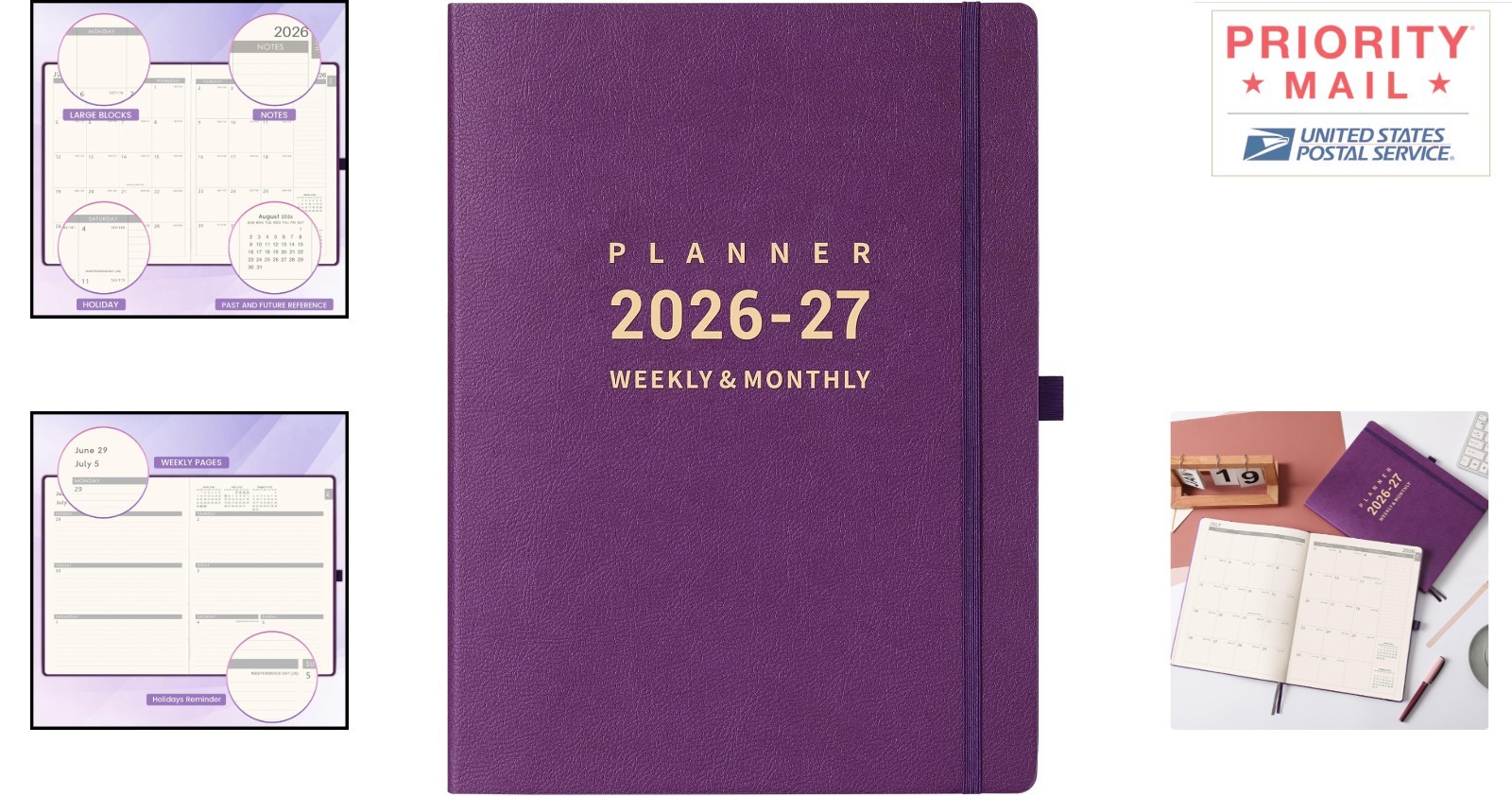 2026-2027 Academic Planner 135 Pages A4 Monthly Weekly Daily Purple Faux Leather