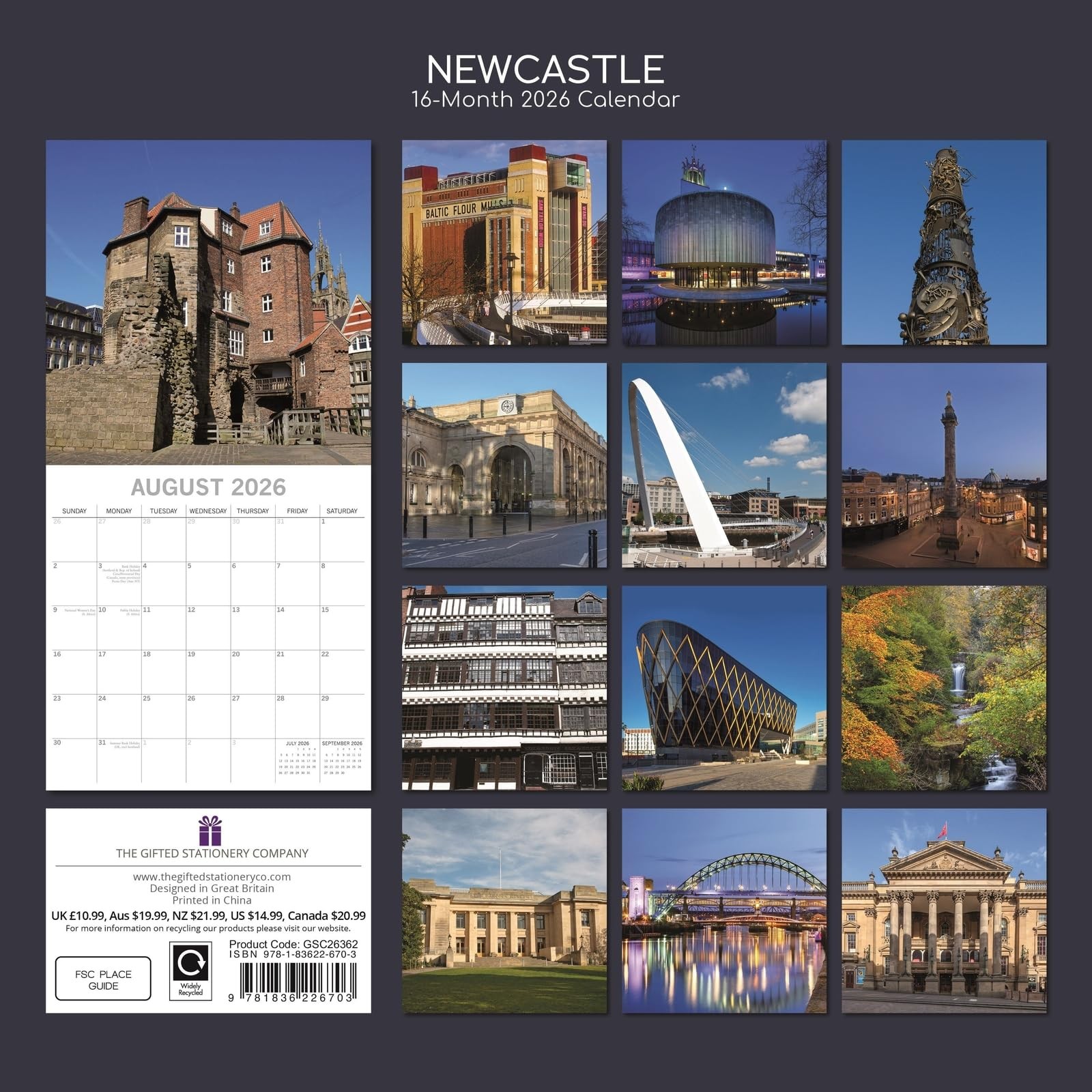 The Gifted Stationary 2026 Square Wall Calendar, Newcastle, 16-Month Scenic…