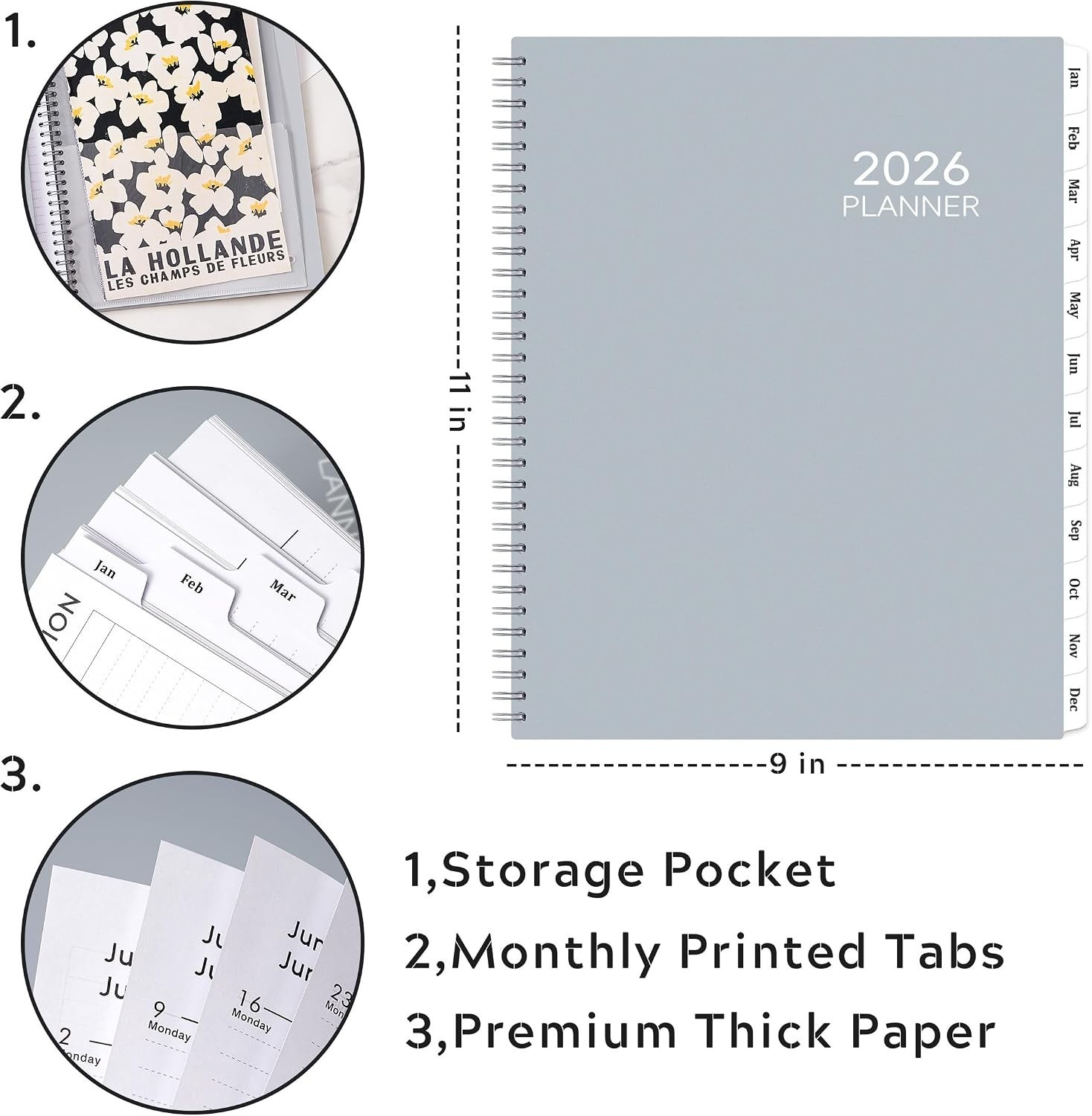 Spiral Bound 2026 Planner: 9″ x 11″ Monthly & Weekly Layout with Tabbed Sections
