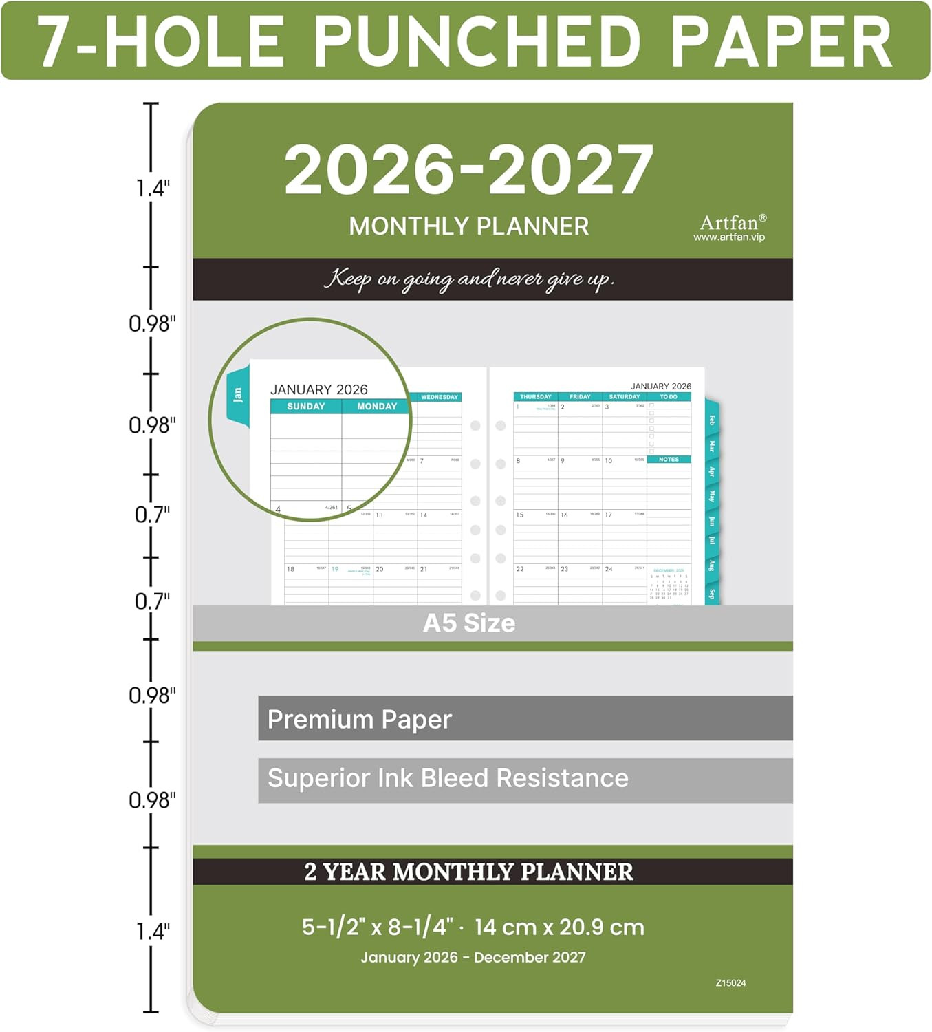 2026-2027 Monthly Planner Refill – Planner Inserts with 7-Hole Punched, 5-1/2″