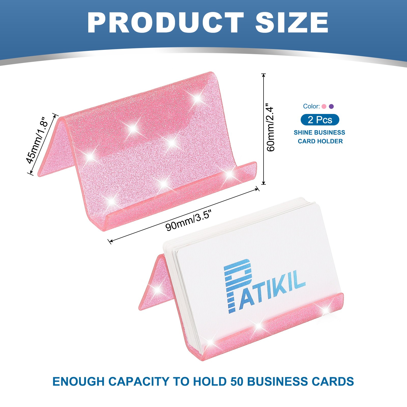 Business Card Holder for Desk, 2Pcs Acrylic Card Holders Shine, Pink/Purple