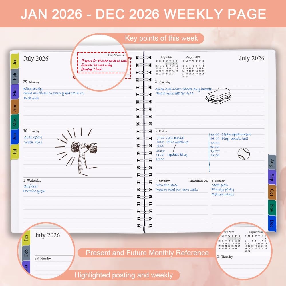 2026 Planner, 12 Monthly Tabs, 14 Notes Pages, Inner Pocket, Flexible Cover