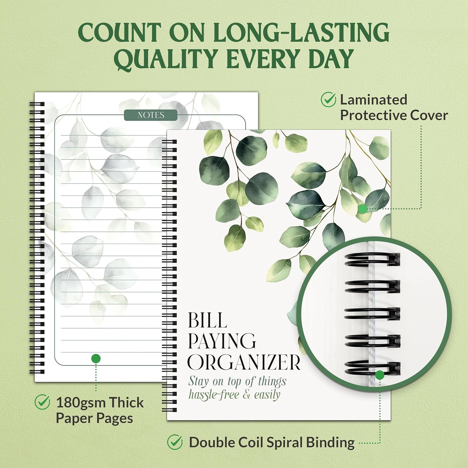 14 Pages 9x12in Eucalyptus Monthly Bill Organizer with Pockets | Undated Spri…