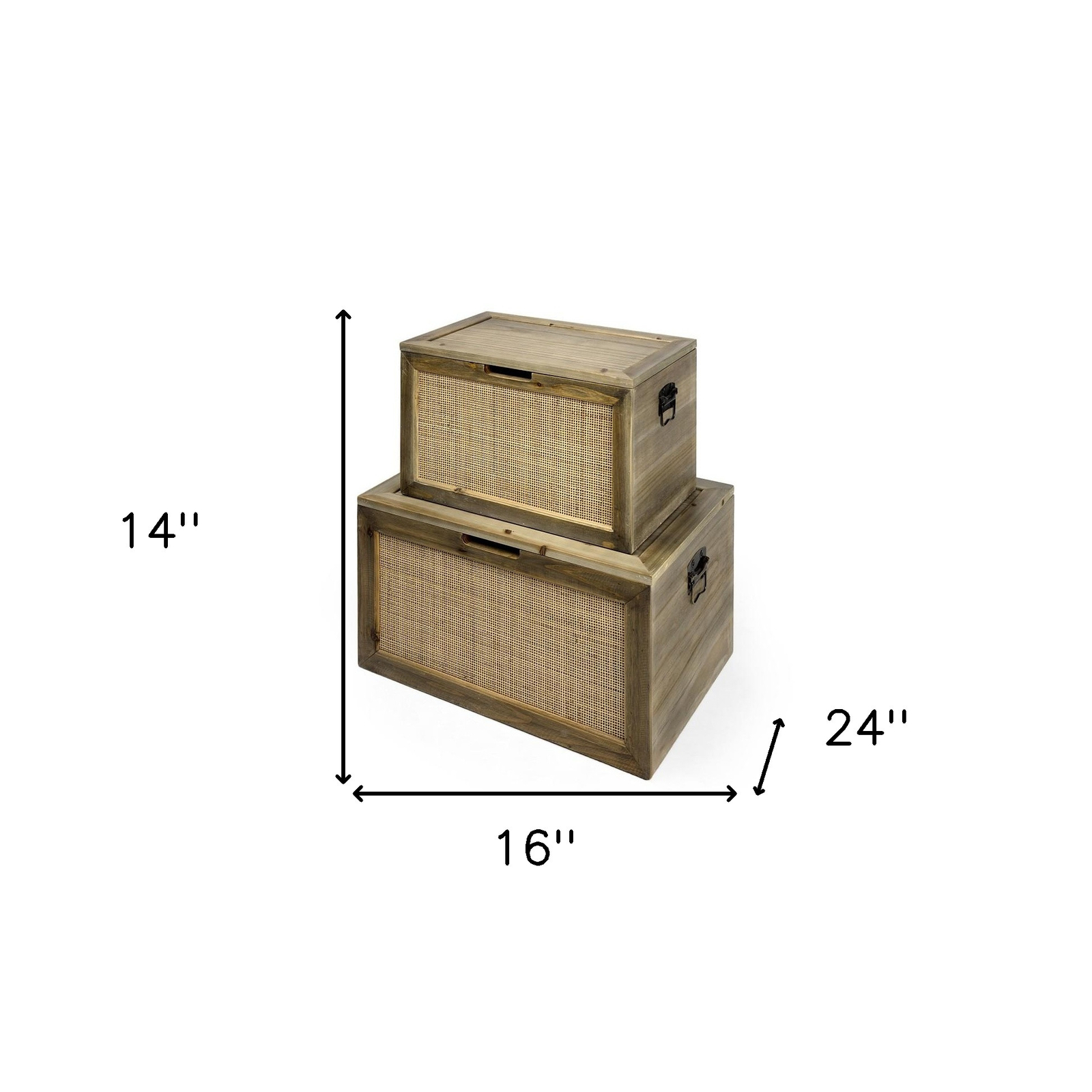 Set of Two Brown And Natural Cane And Solid Wood Box With Lid