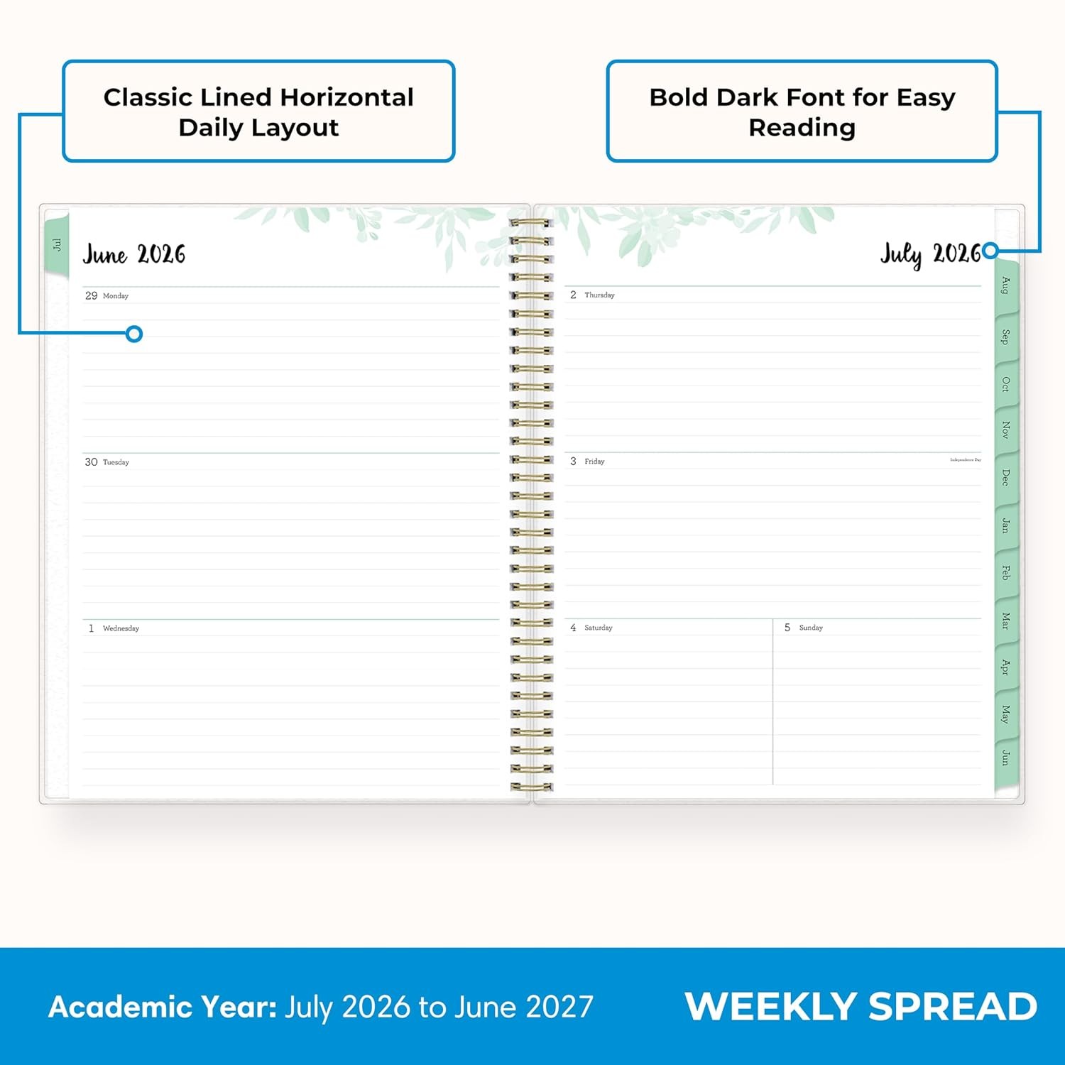 Blue Sky 2026-2027 Weekly and Monthly Academic Year Planner Calendar, July 2026