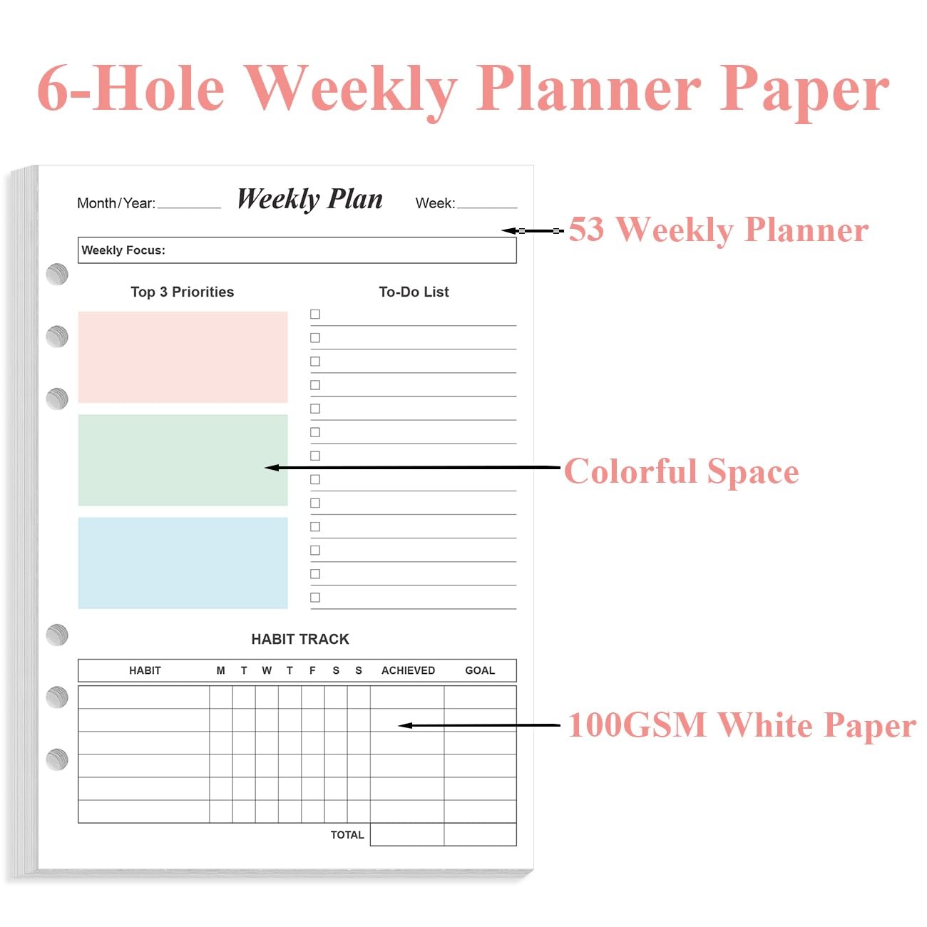 Weekly Planner Refills for A5 Binders – 53 Sheets/106 Pages 1-Pack, Colorful