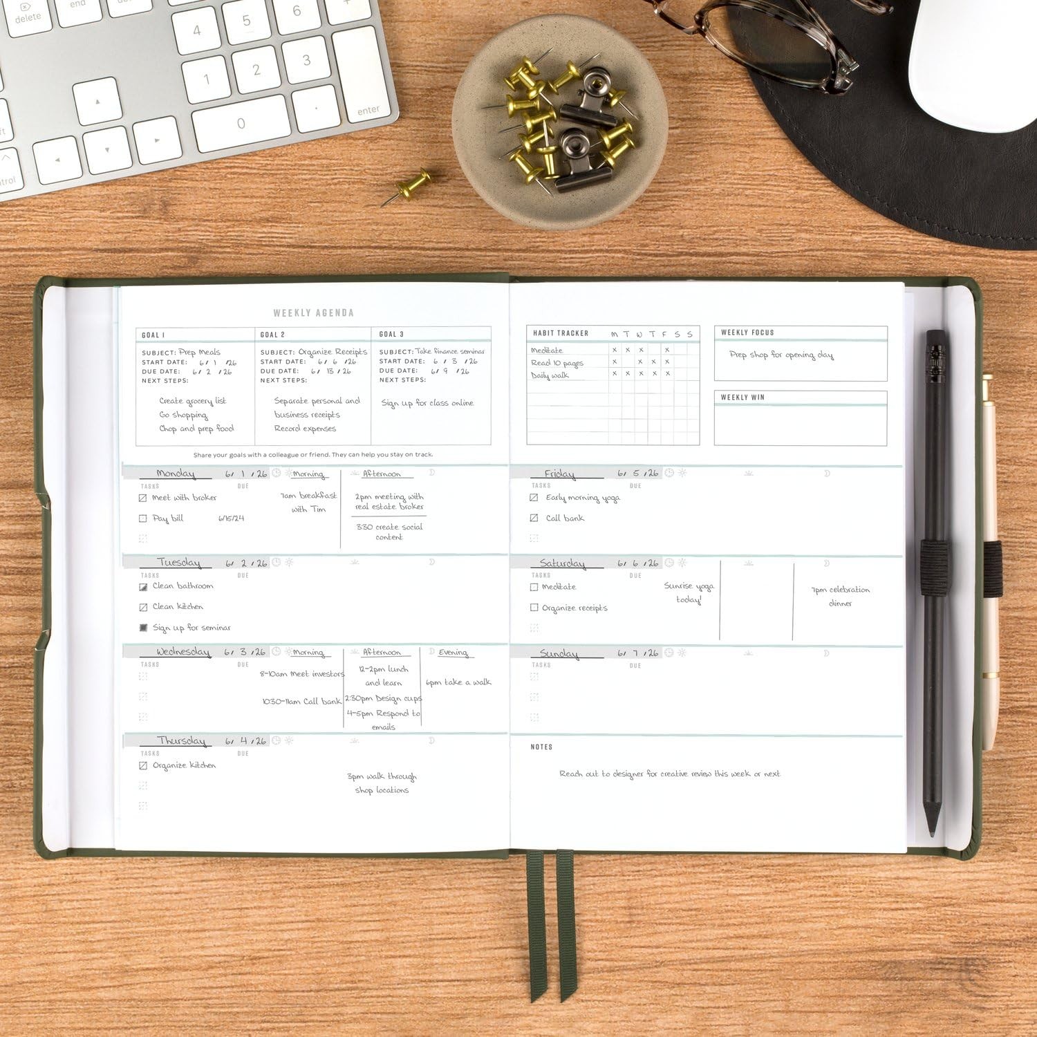 At a Glance Hardcover Planner Three Step Goal System Undated 12 Months Green