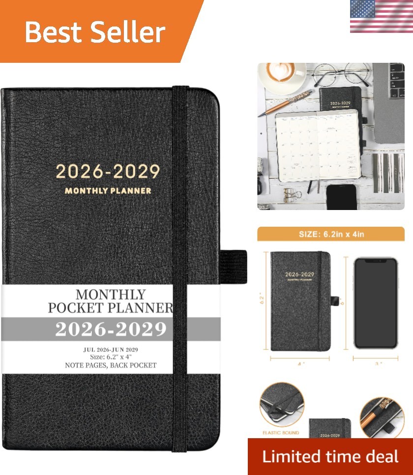 Portable 2026-2029 Monthly Pocket Calendar – Black Leather with Elastic Closure
