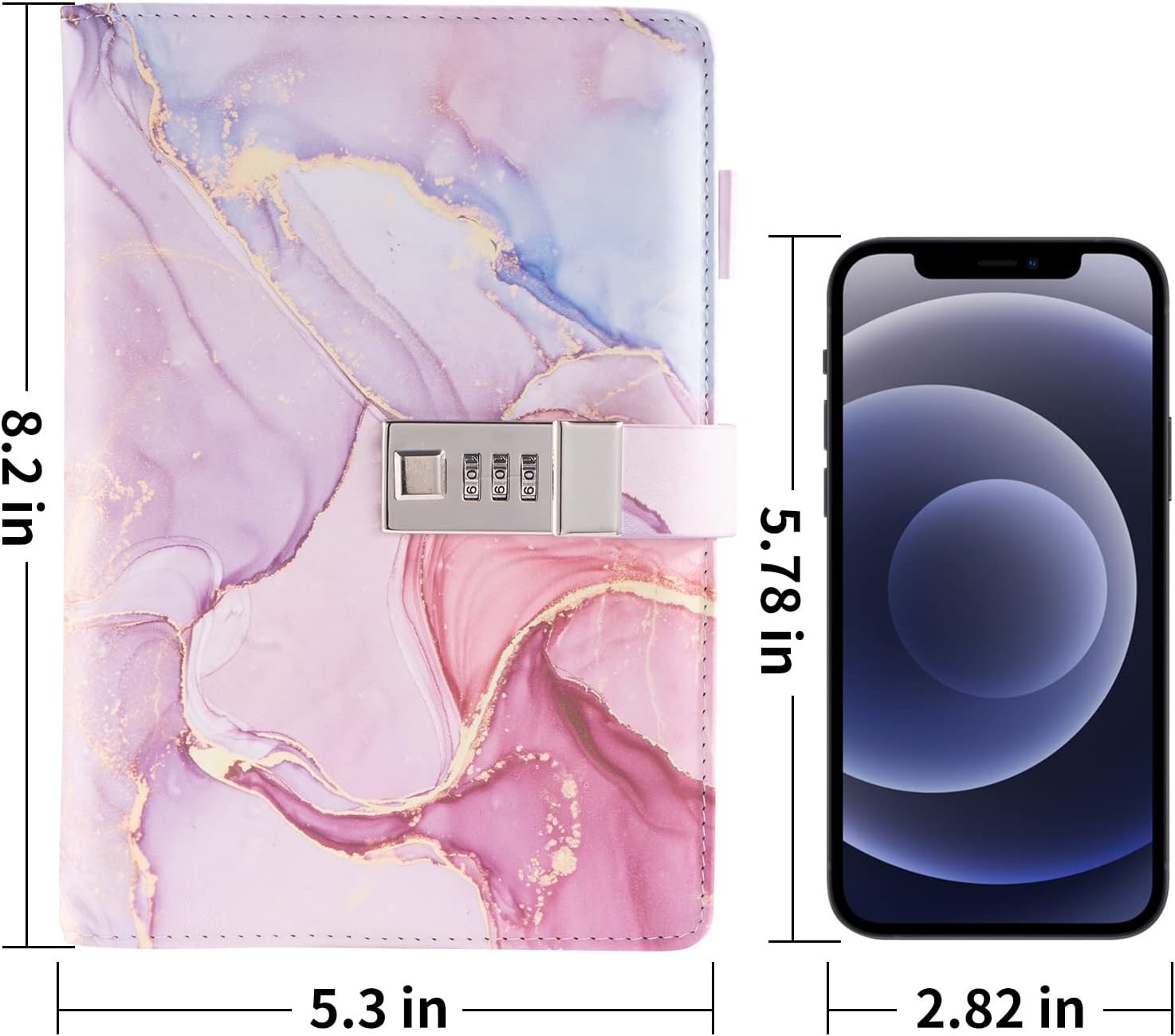 Marble Diary with Lock for Girls and Women, A5 Leather Locked Journal Pink
