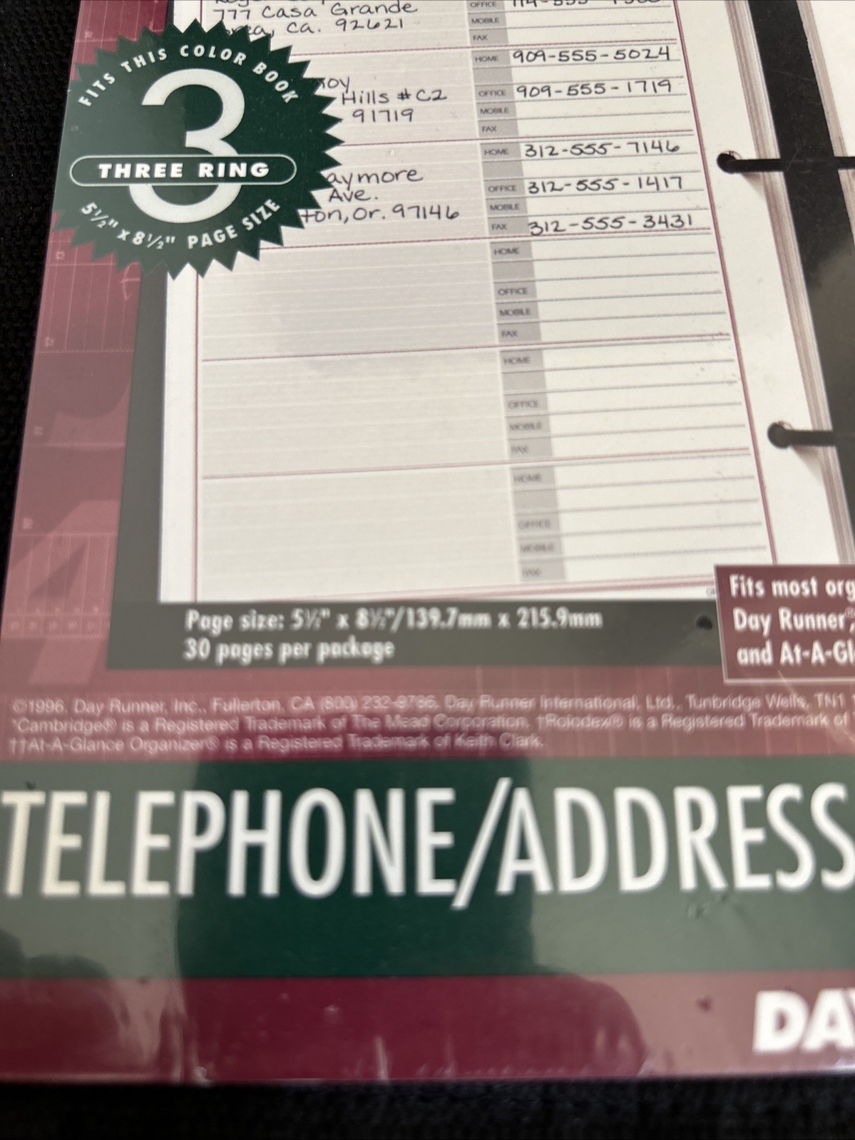 Day Runner Telephone Address Planner Refill Pages 30 Pages 3 Ring 5.5 x 8.5 1996