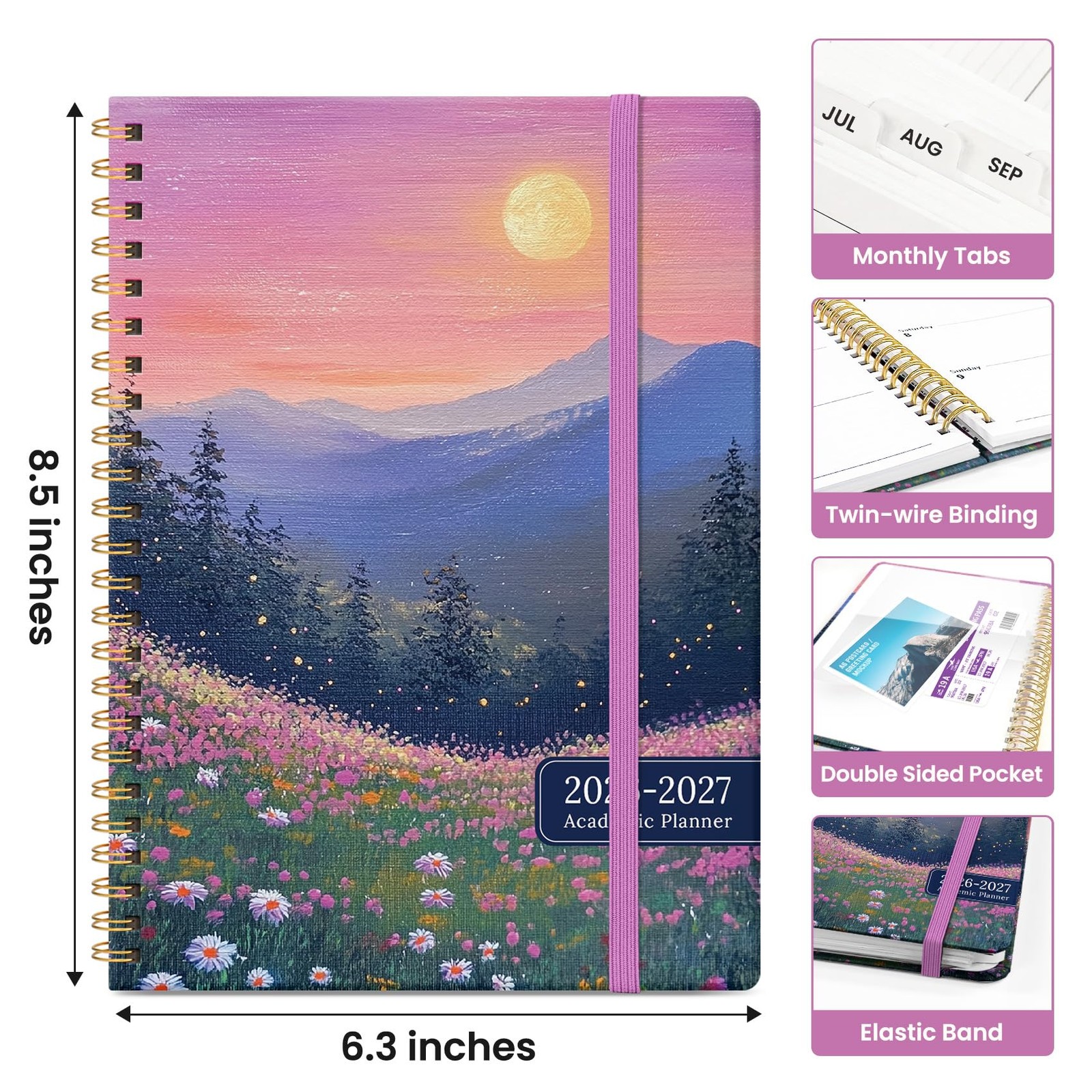 Planner 2026–2027, Academic Monthly Weekly (6.3″x8.5″)a5, A-Twilight Bloom