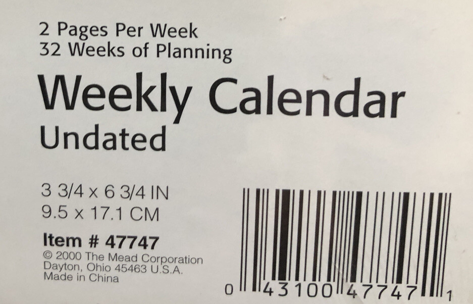 At-A-Glance Weekly Calendar Undated 3 3/4 x 6 3/4, #47747 -2 pgs , 32 wks