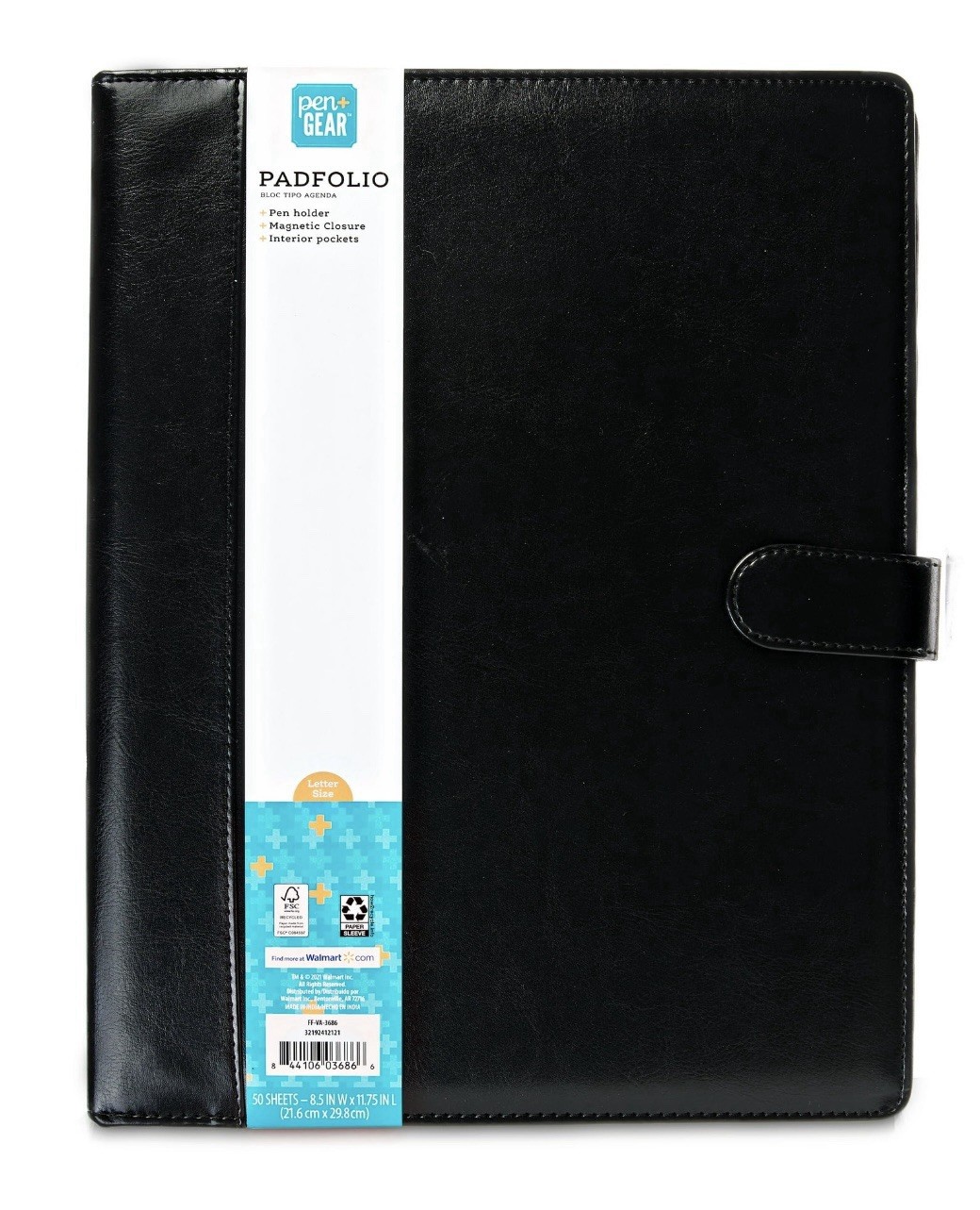 Pen+Gear Leatherette Padfolio with Writing Pad, Black, Magnetic Closure, 1 count