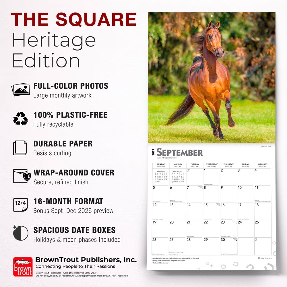 Horse Lovers | 2027 12×24″ (Hanging) Monthly Square Wall Calendar | Plastic-Free