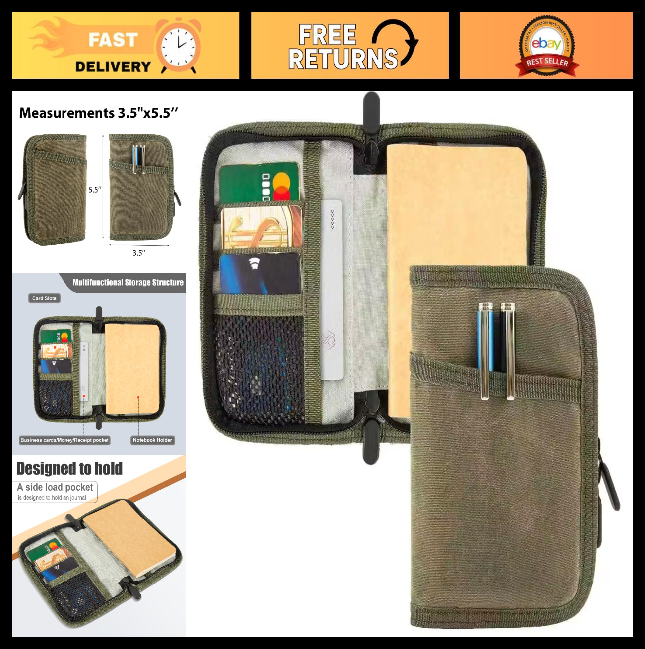 Water Resistant Pocket Notebook Cover with Zipper & Pen Holder – 3.5×5.5 EDC Jou