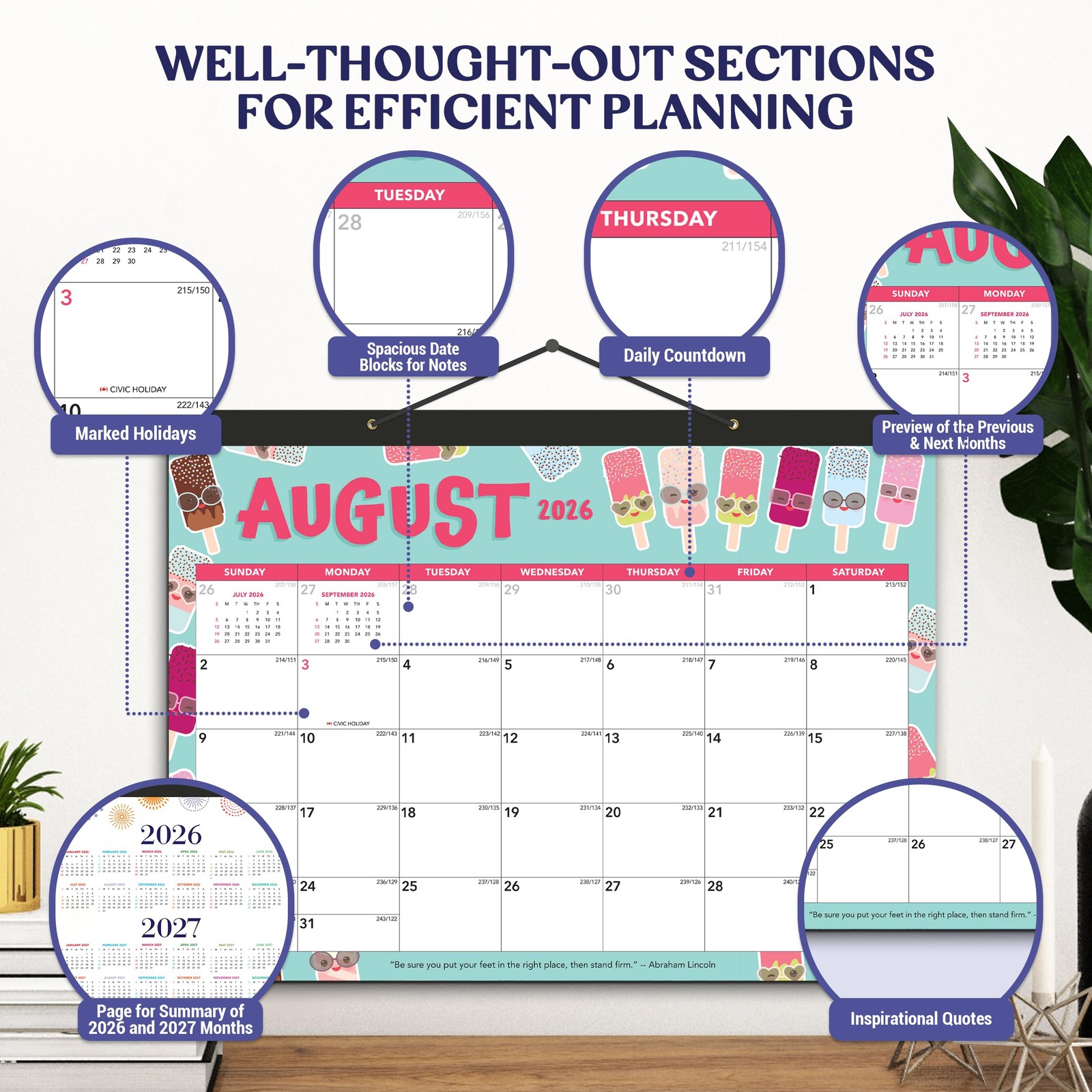 Decorably 18 Months Academic Desk Calendar 2026-2027 Colorful Assorted