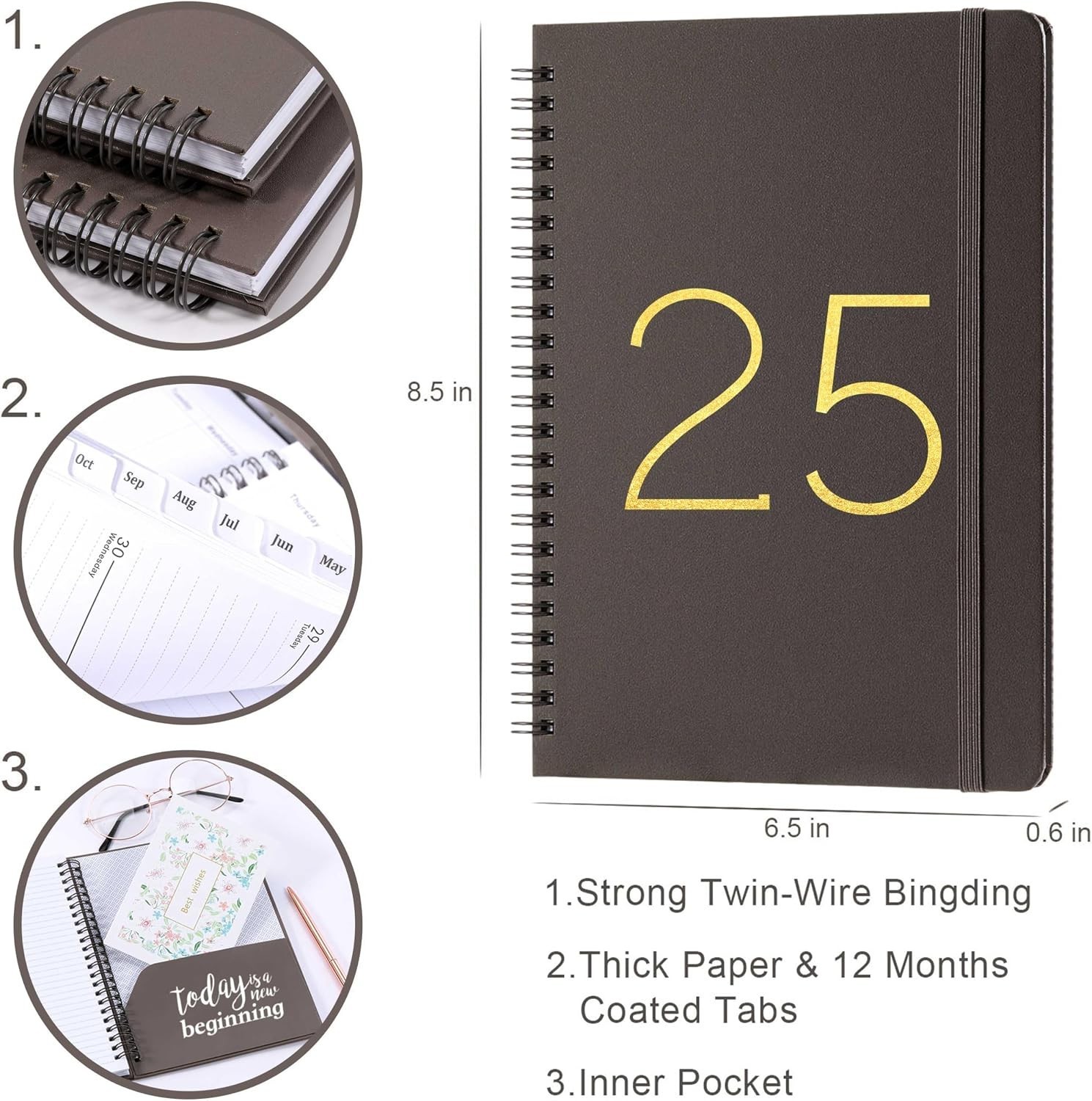 2025 Planner with Twin-Wire Binding – Weekly & Monthly Views, Grey Cover