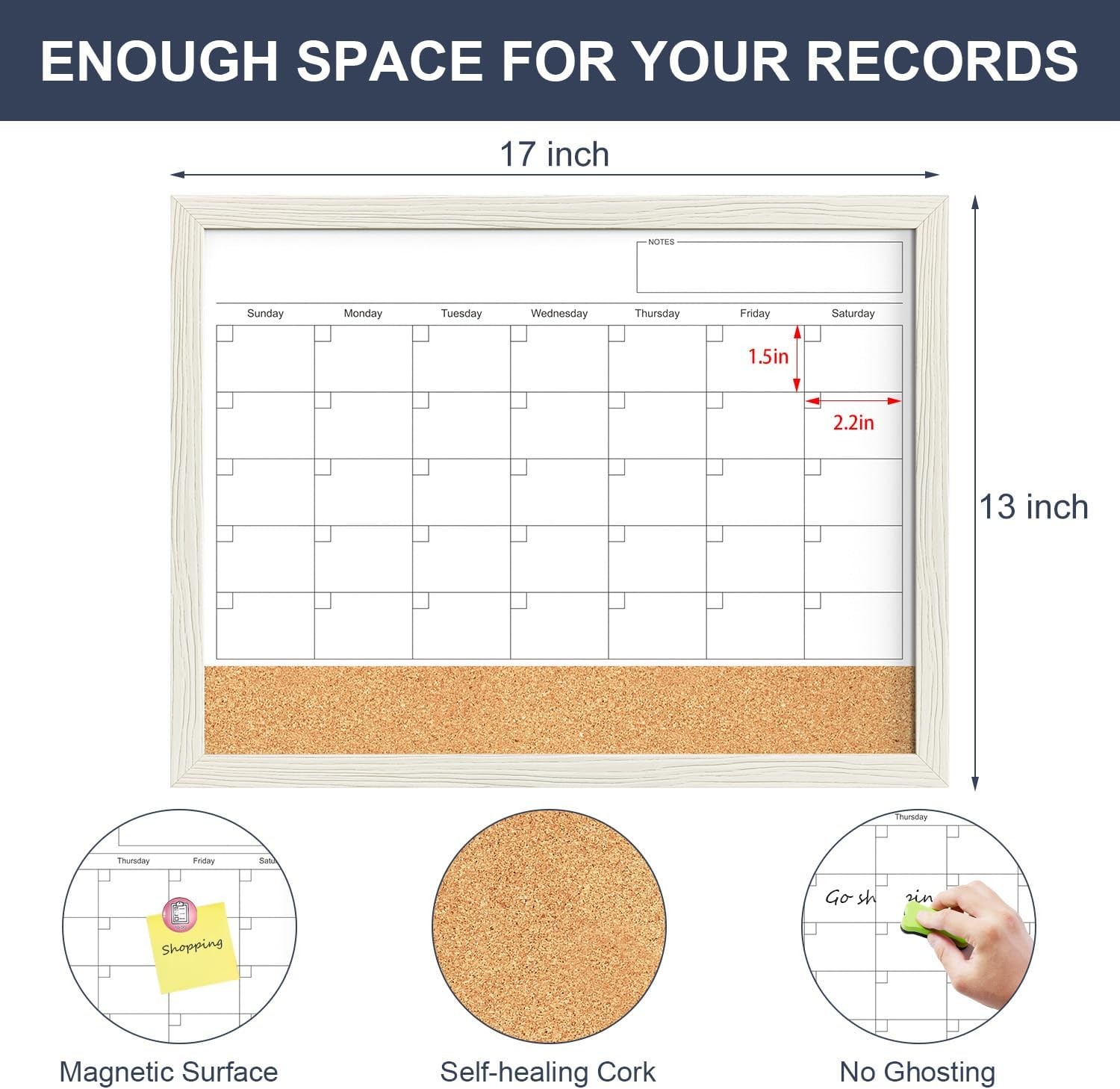 Calendar Whiteboard for Wall, TANKEE 17×13 Inches Whiteboard Calendar Cork Board