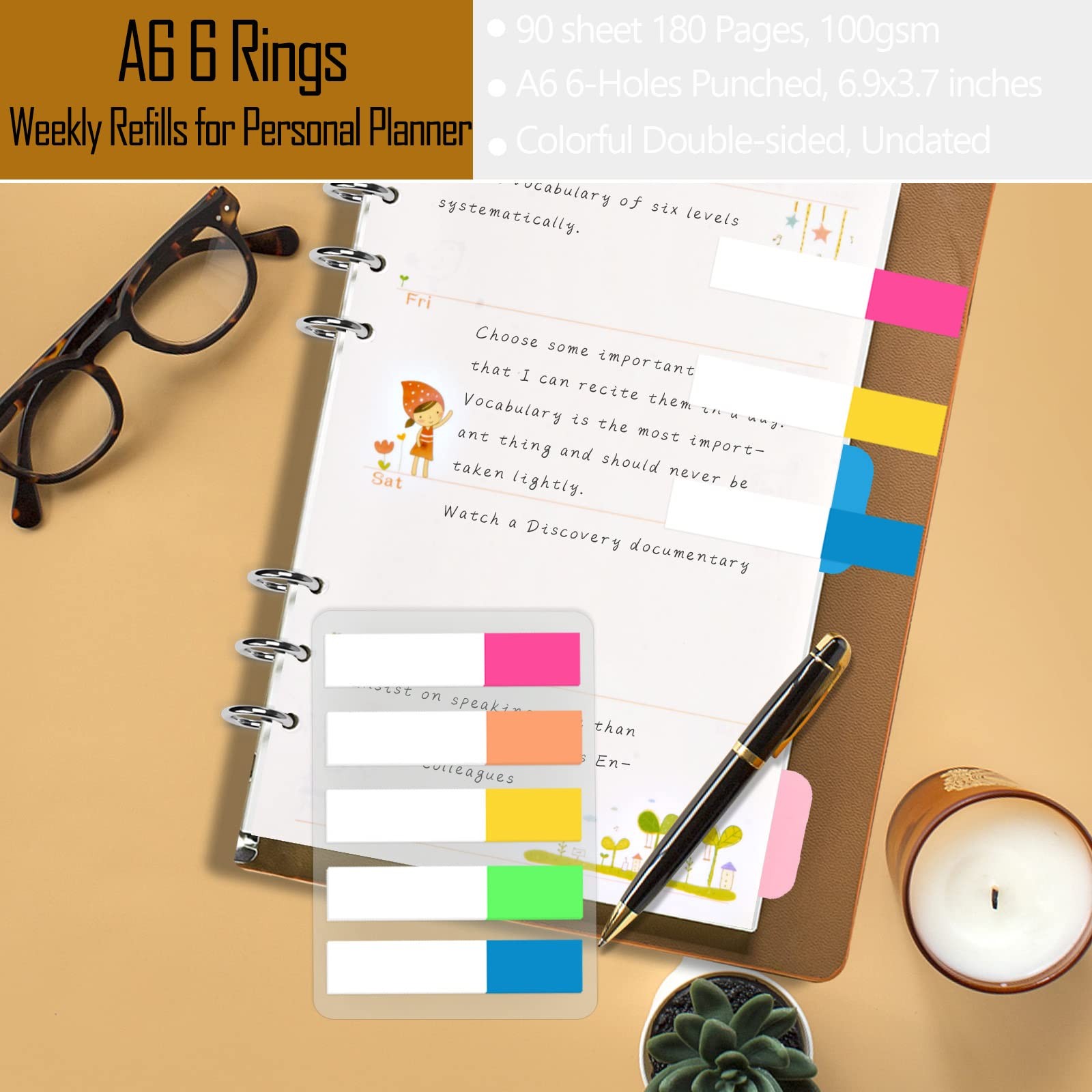 A6 Planner Inserts Weekly Planner Refills, 90 Pages Colorful 6-Ring Loose-leaf