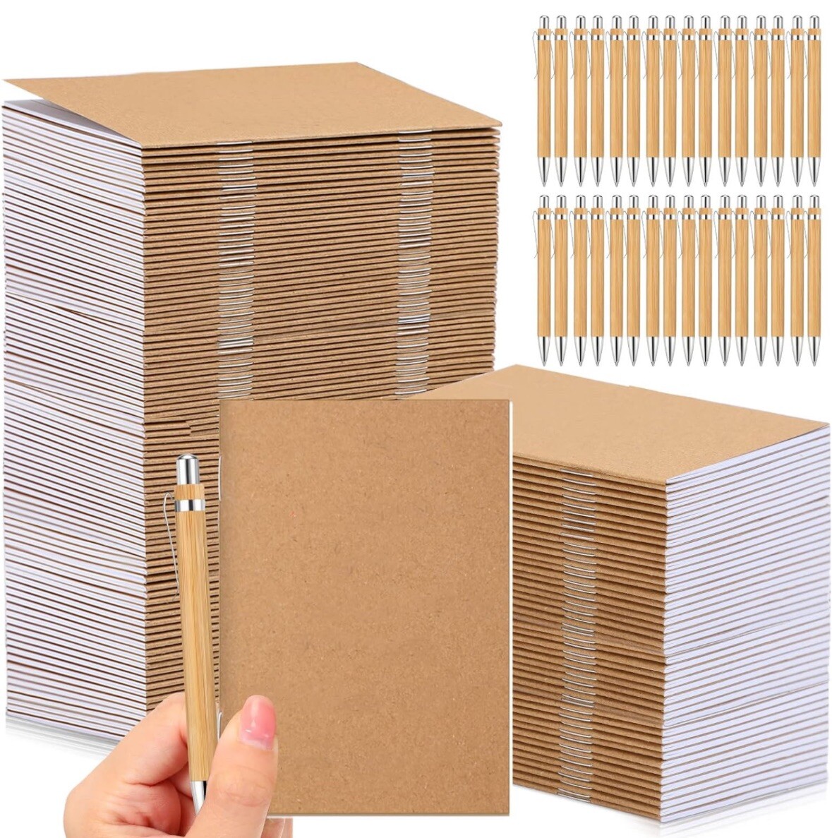 50 Sets Pocket Notebook with Pens Set Bulk Small Memo Notepad with Bamboo Pens