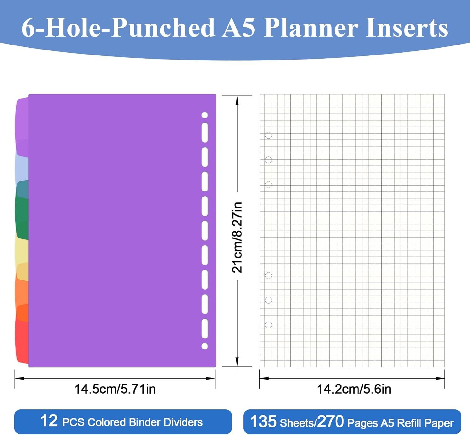 A5 Grid Refill Paper Planner Inserts for A5 6-Ring Binder, 135 Sheets 6-Hole …