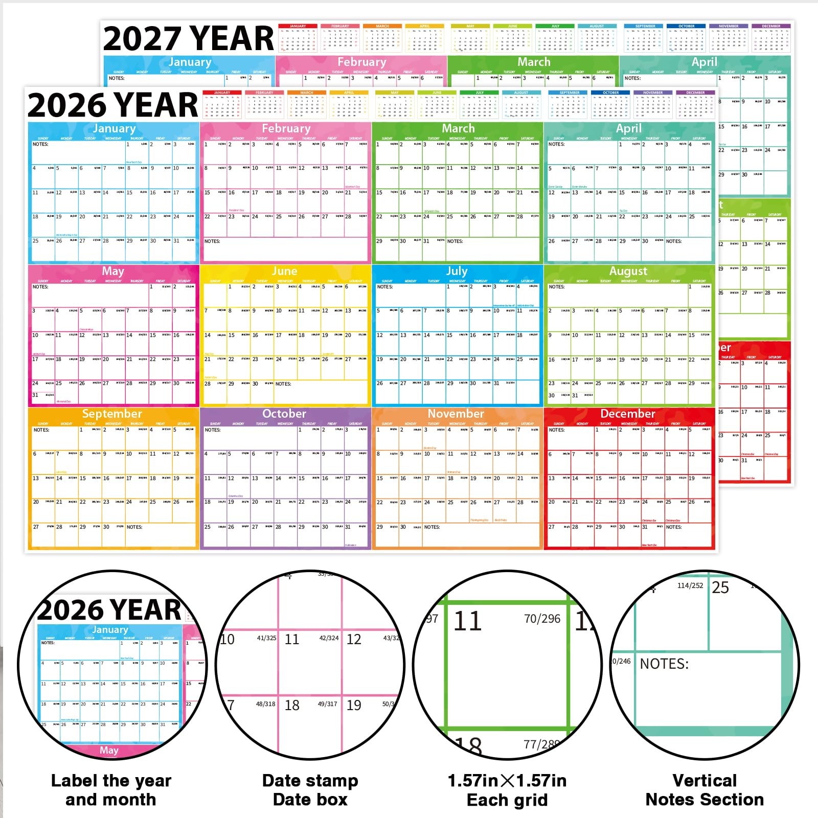 2026-2027 Large Dry Erase Calendar for Wall 48″ x 32″ x 32″, Colorful