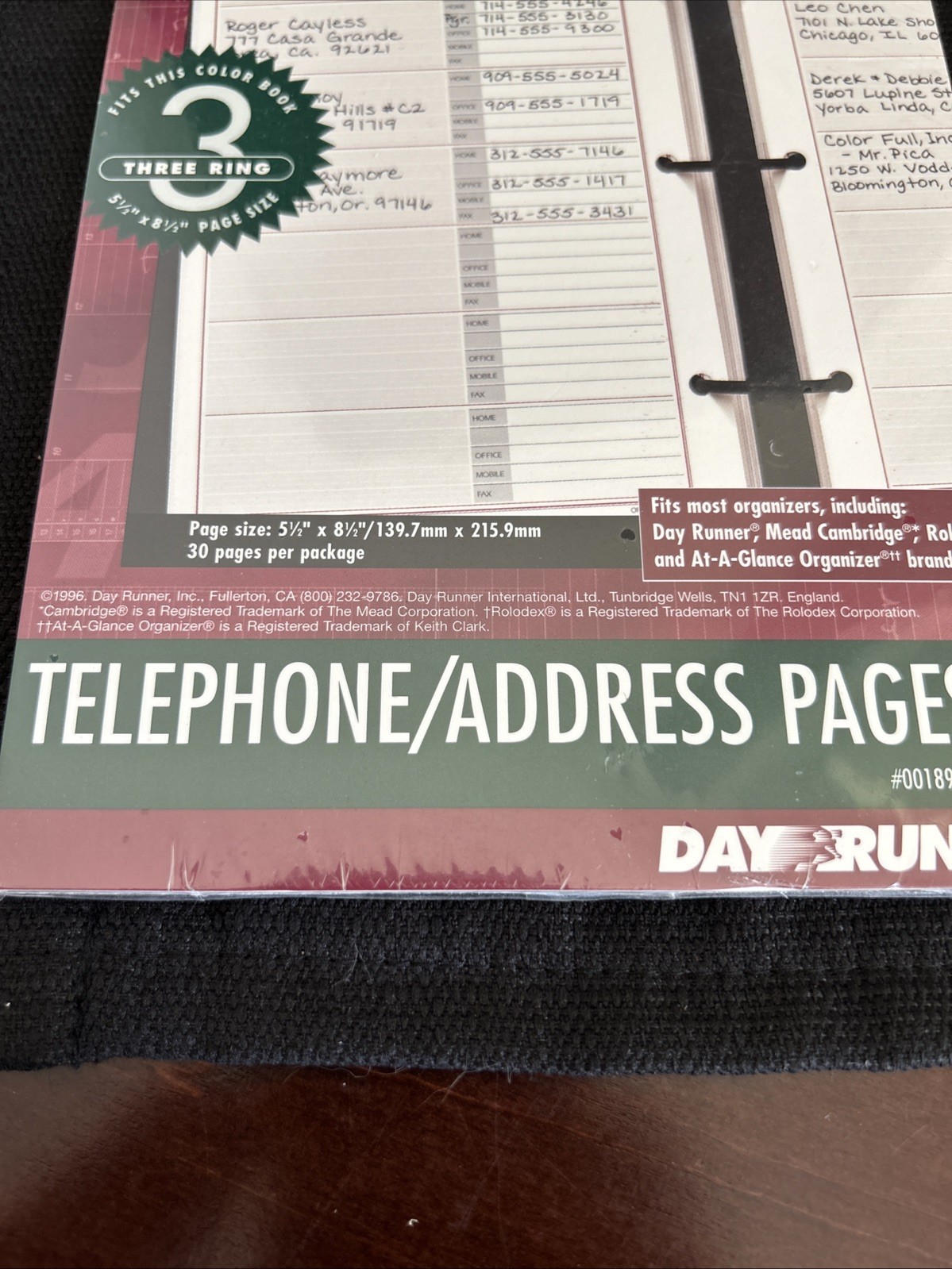 Day Runner Telephone Address Planner Refill Pages 30 Pages 3 Ring 5.5 x 8.5 1996