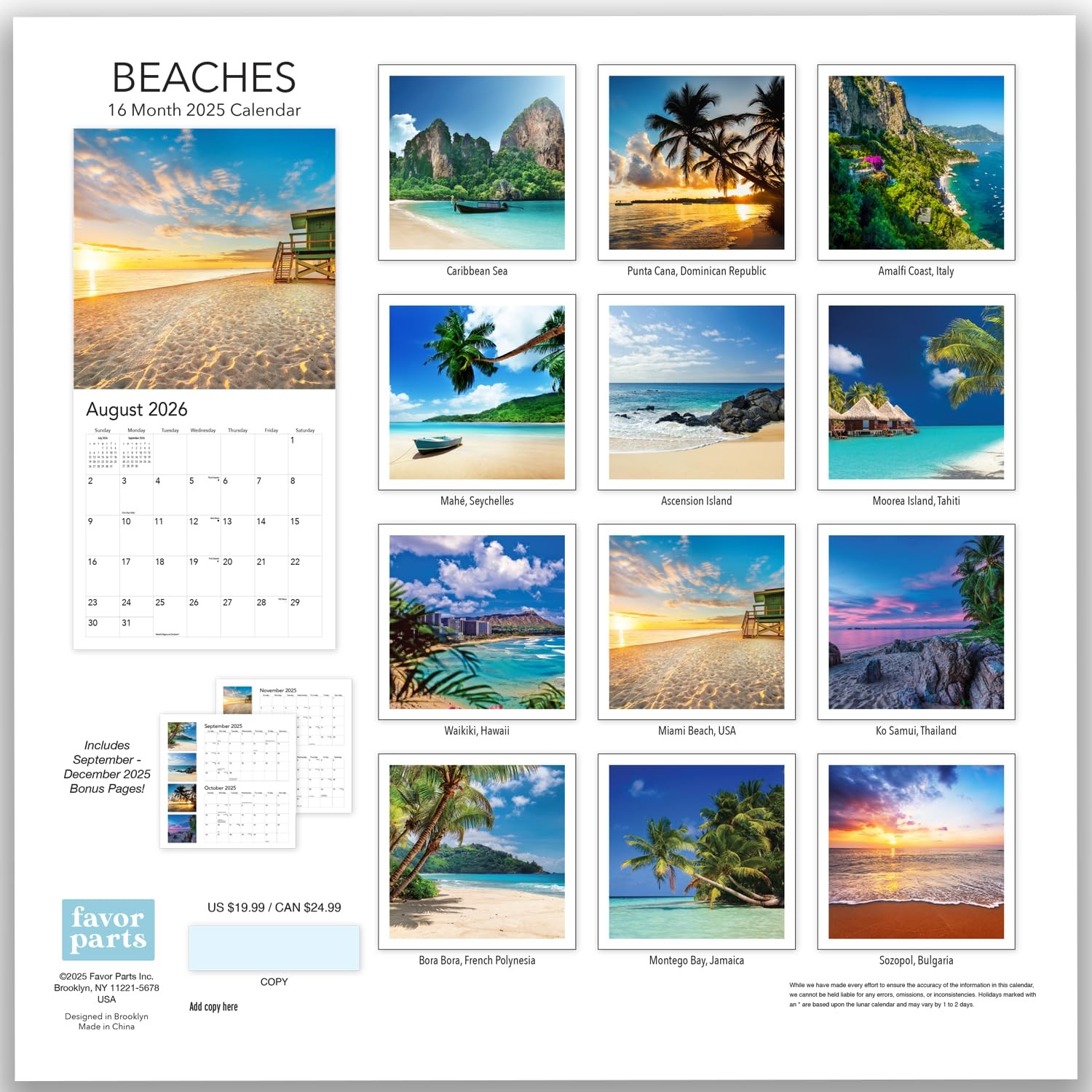 Favor Parts Beach Calendar 2026 – Beaches Hangable Wall 2026