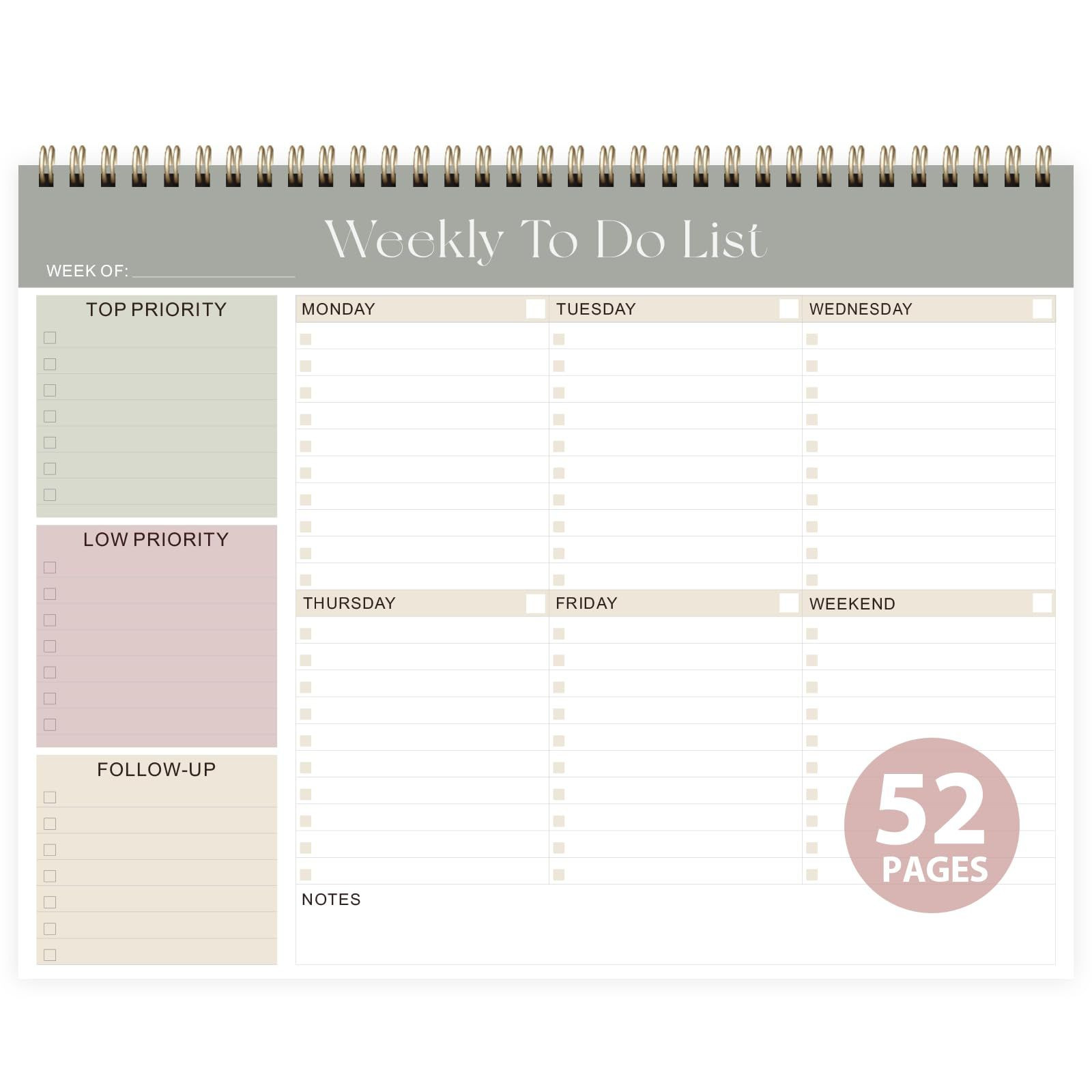 Weekly To Do List Notepad, Undated Planner with 52 8.5″x11″(Undated）, A-Green