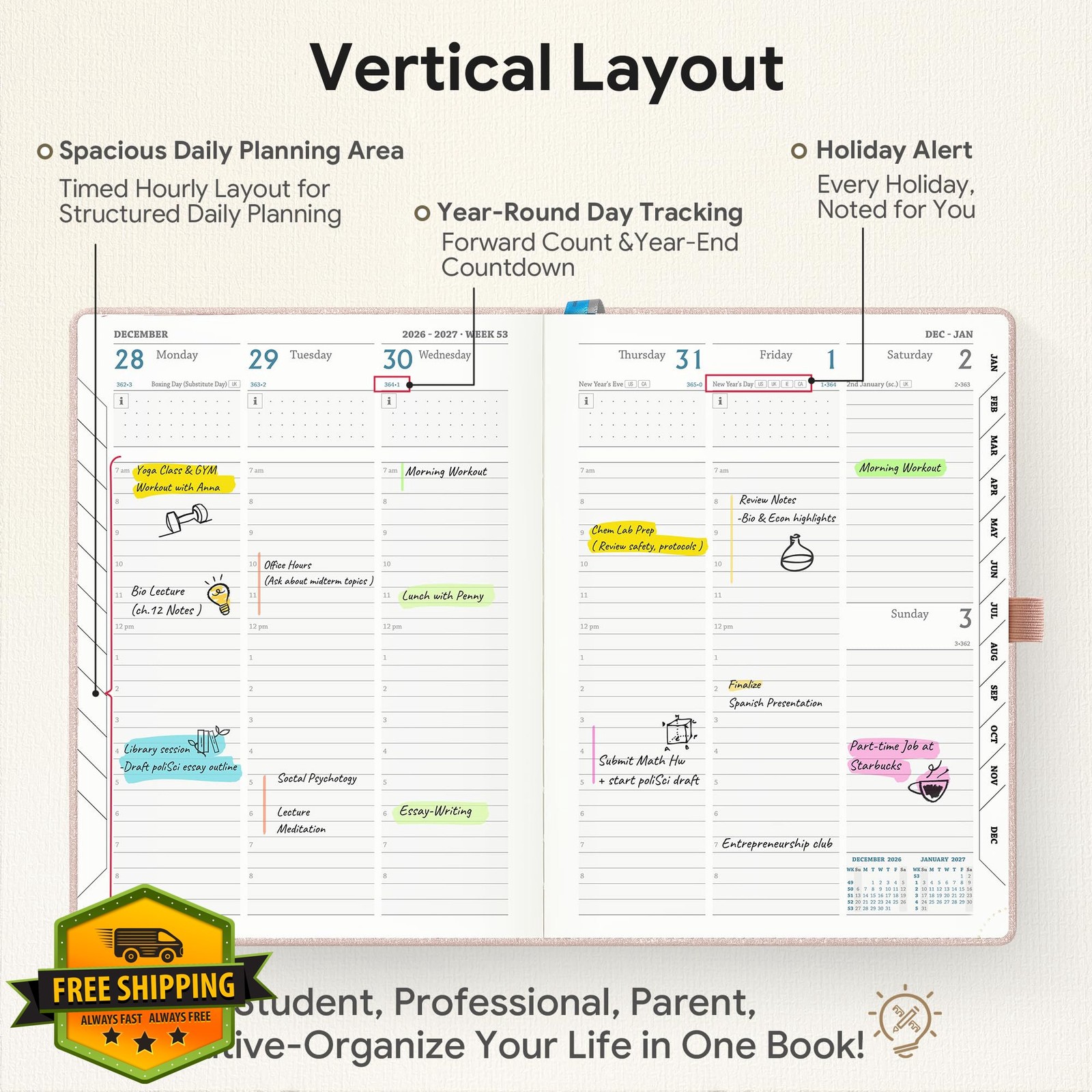 IN-LUXPRO Pink 6.5×8.5 Vertical Planner