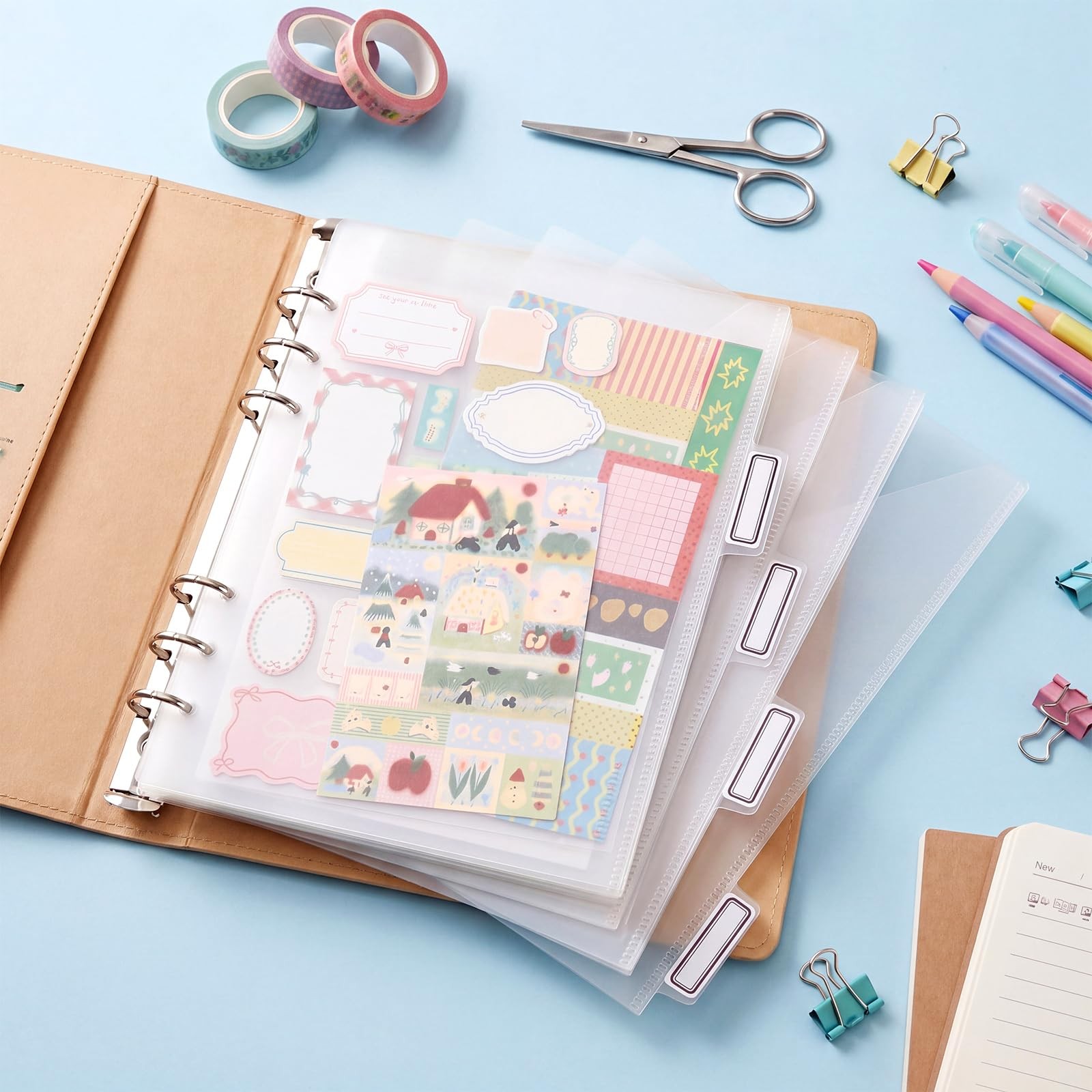 25 Pcs Mini Binder Divider Pockets 5.5 x 8.5 Inches 6 Hole Clear Binder Pouch…