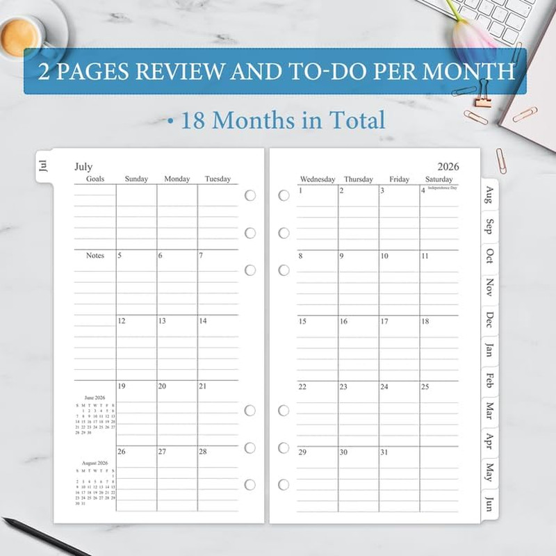 2026-2027 Monthly Planner Refill, A6 Small Size Planner Inserts for 6 Ring, 3.8″
