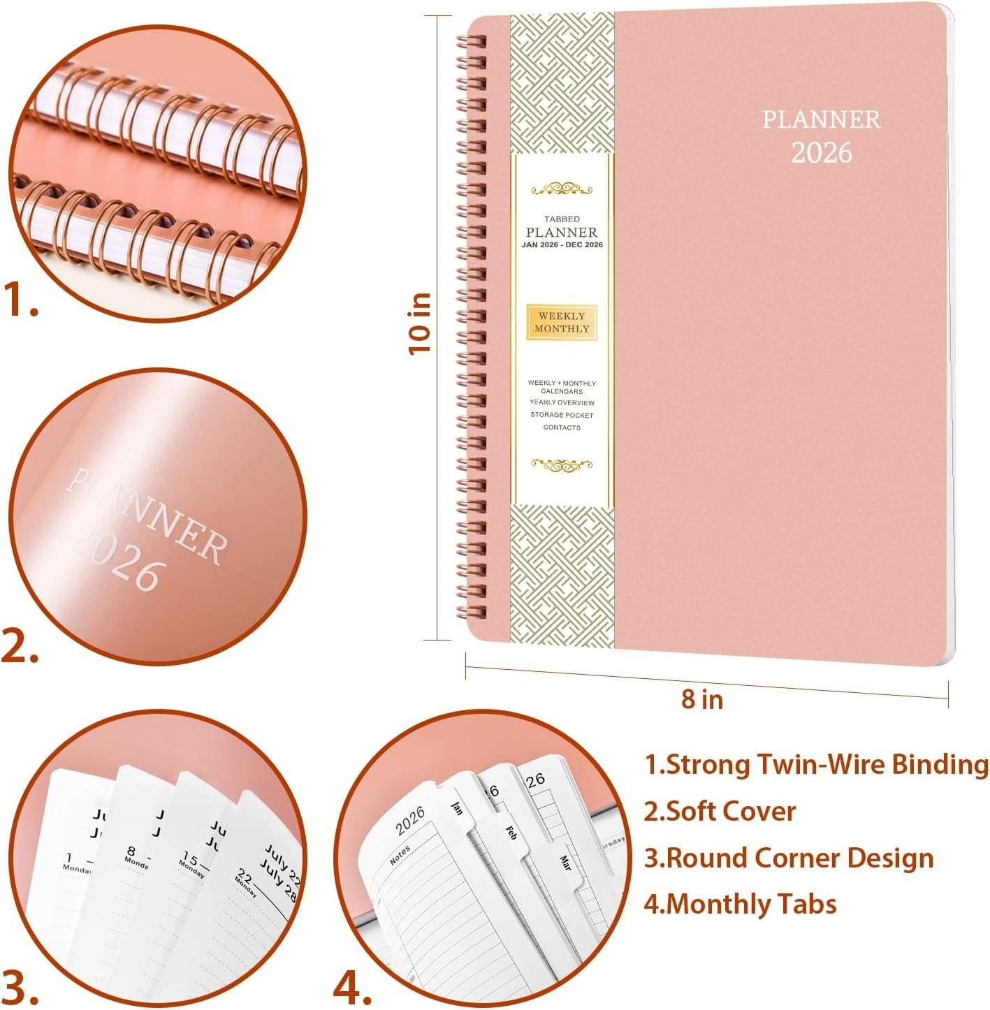 Stylish 2026 Planner with Twin-Wire Binding & Waterproof PP Cover, 8″ x 10″
