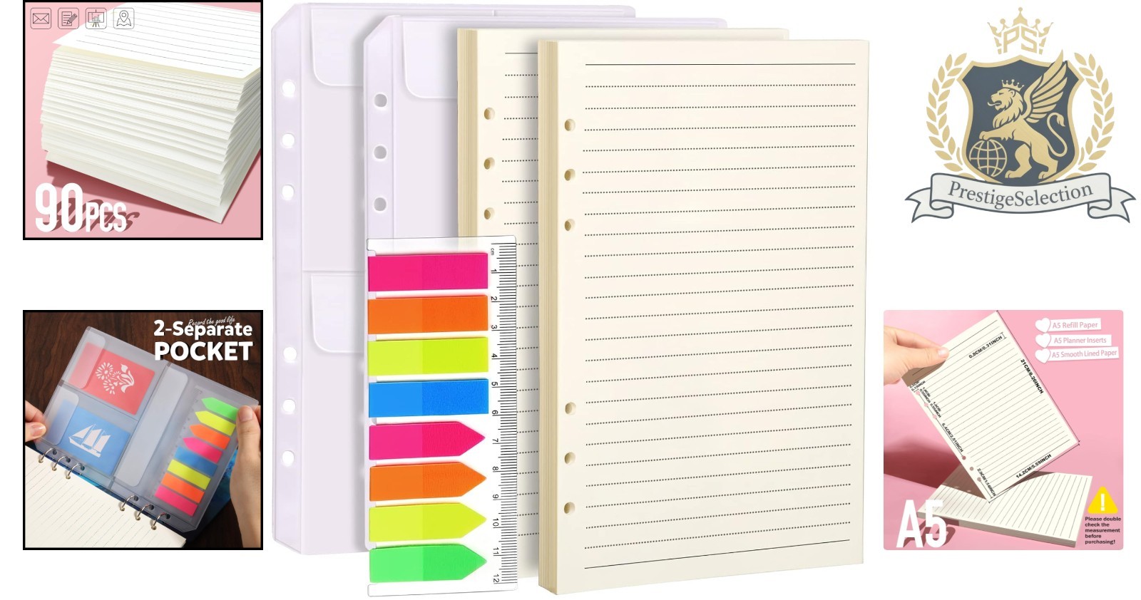 A5 Planner Inserts – Lined Paper with Colorful Tabs & Binder Pockets