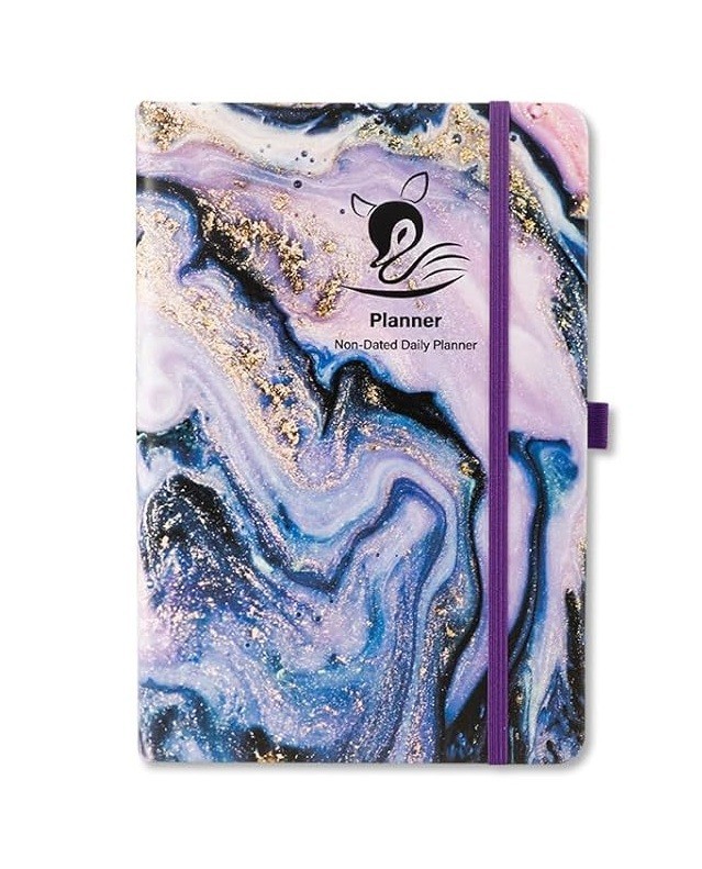 Undated Weekly and Monthly Planner, Stickers, Ribbon Bookmarks, Purple Marble