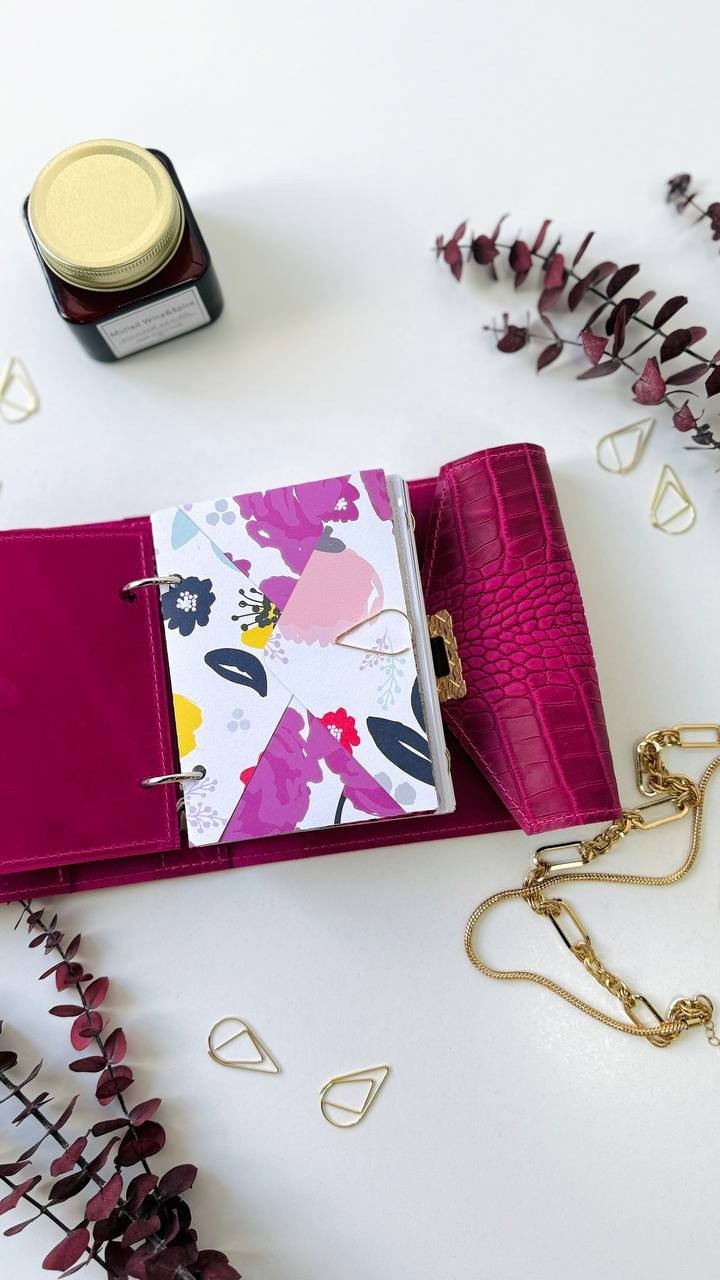 Pink leather notebook cover A7 binde rings mini wallet. Dated planner gift.