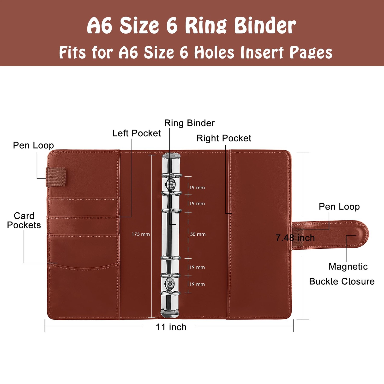 Antner A6 Binder 6 Ring Refillable Notebook Budget Planner for A6, Brown