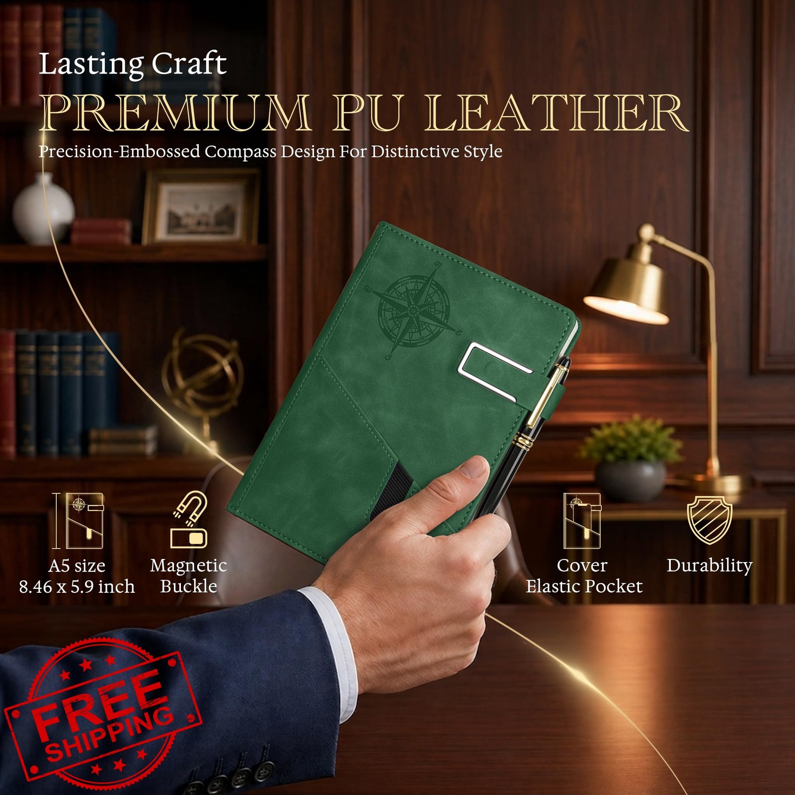 OFFIGIFT Green Leather Hardcover Journal A5