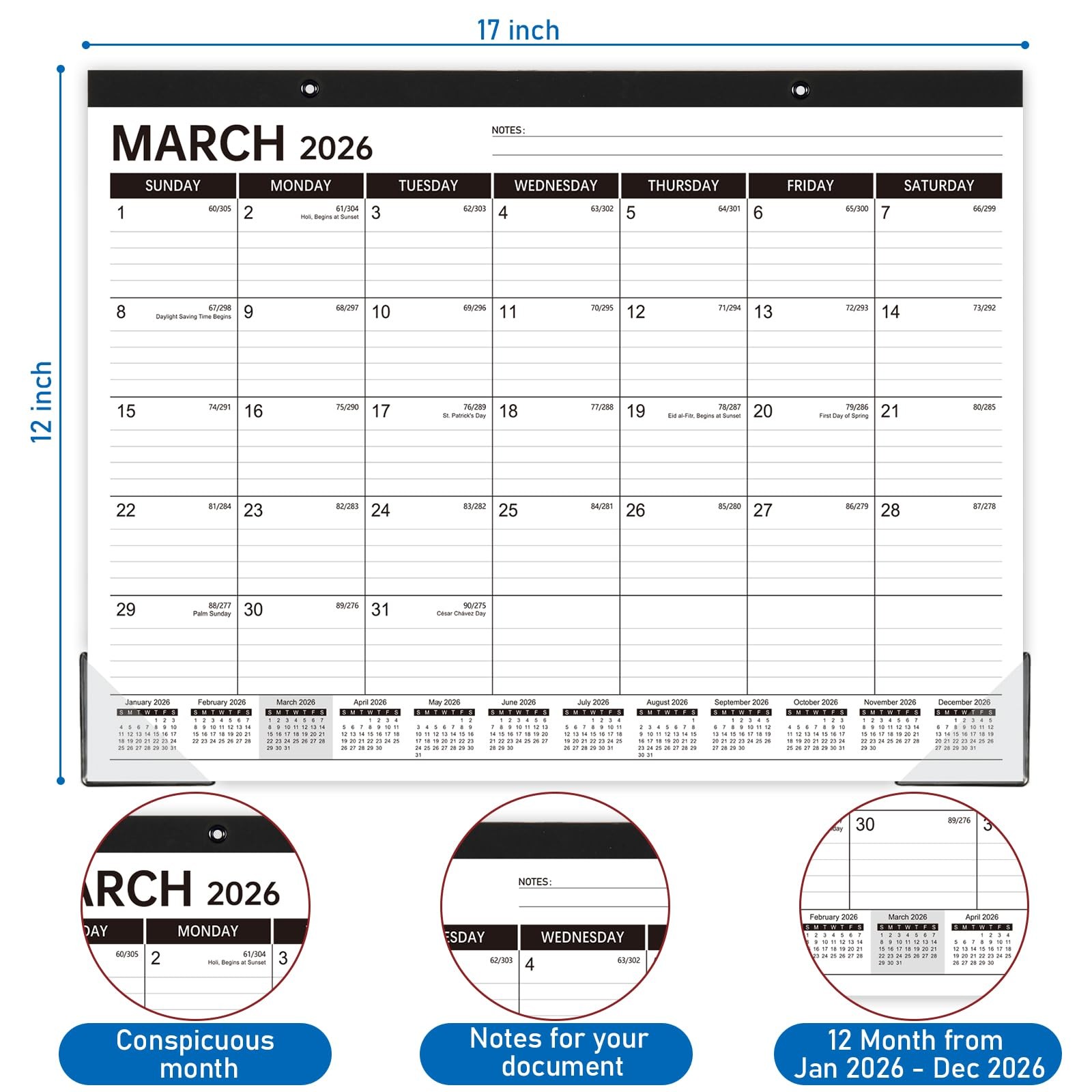 2026 Desk Calendar – 2026 from January to December 2026, Large White